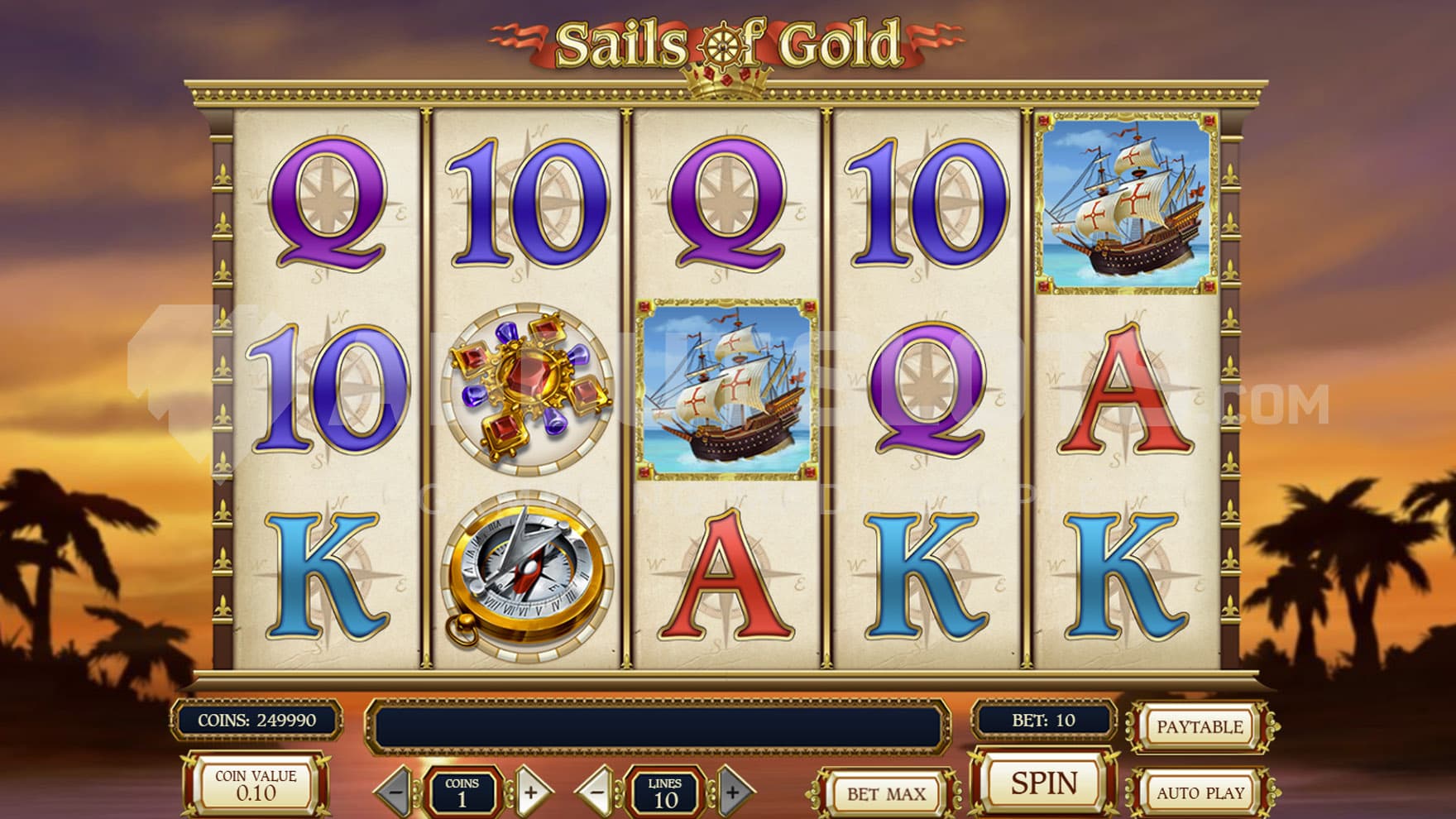 Base Game view of a 5x3 grid on a backdrop of an orange sky with contours of palm trees visible on both sides.