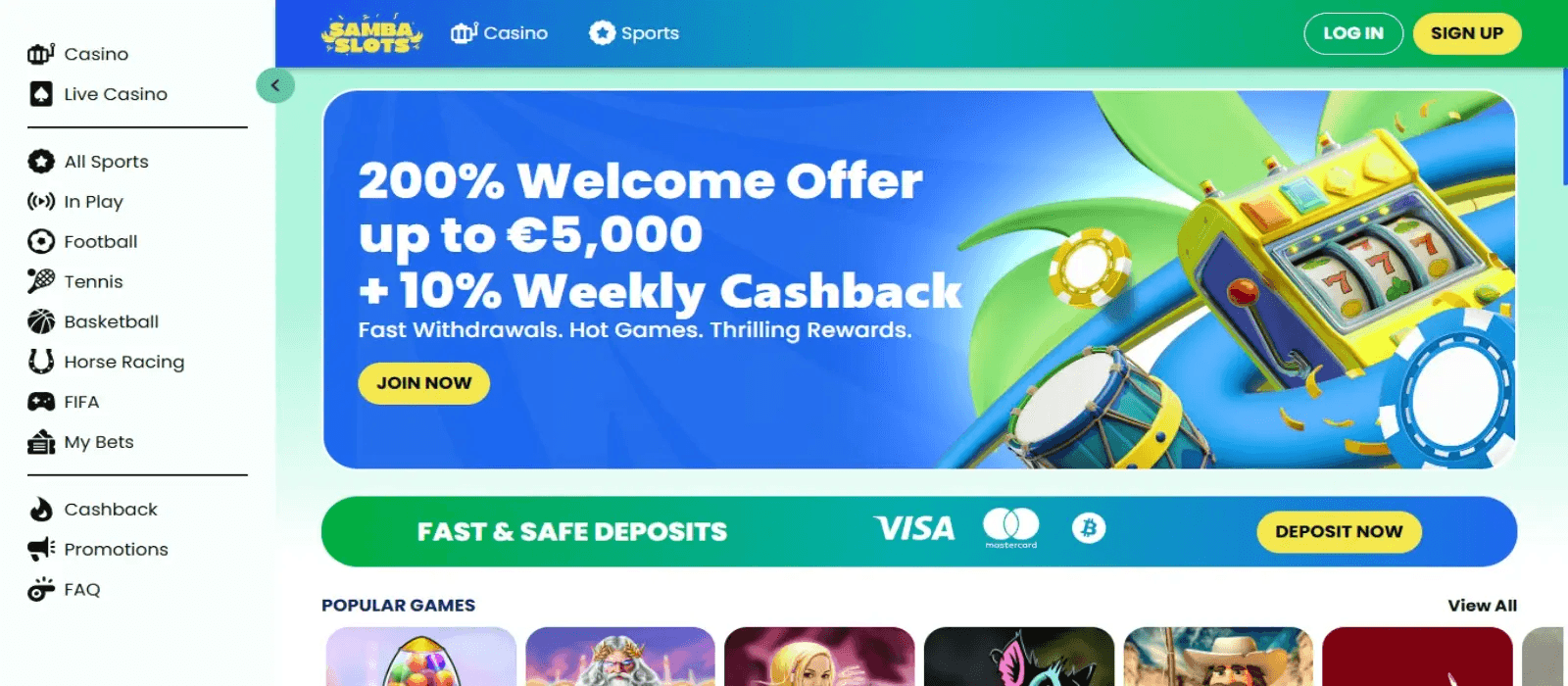 Sambaslots casino homepage