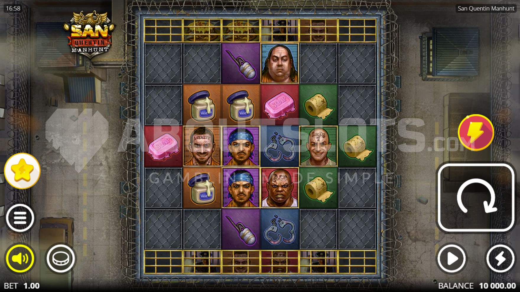 Base Game view of a 6-reel grid on a backdrop of a gloomy prison.