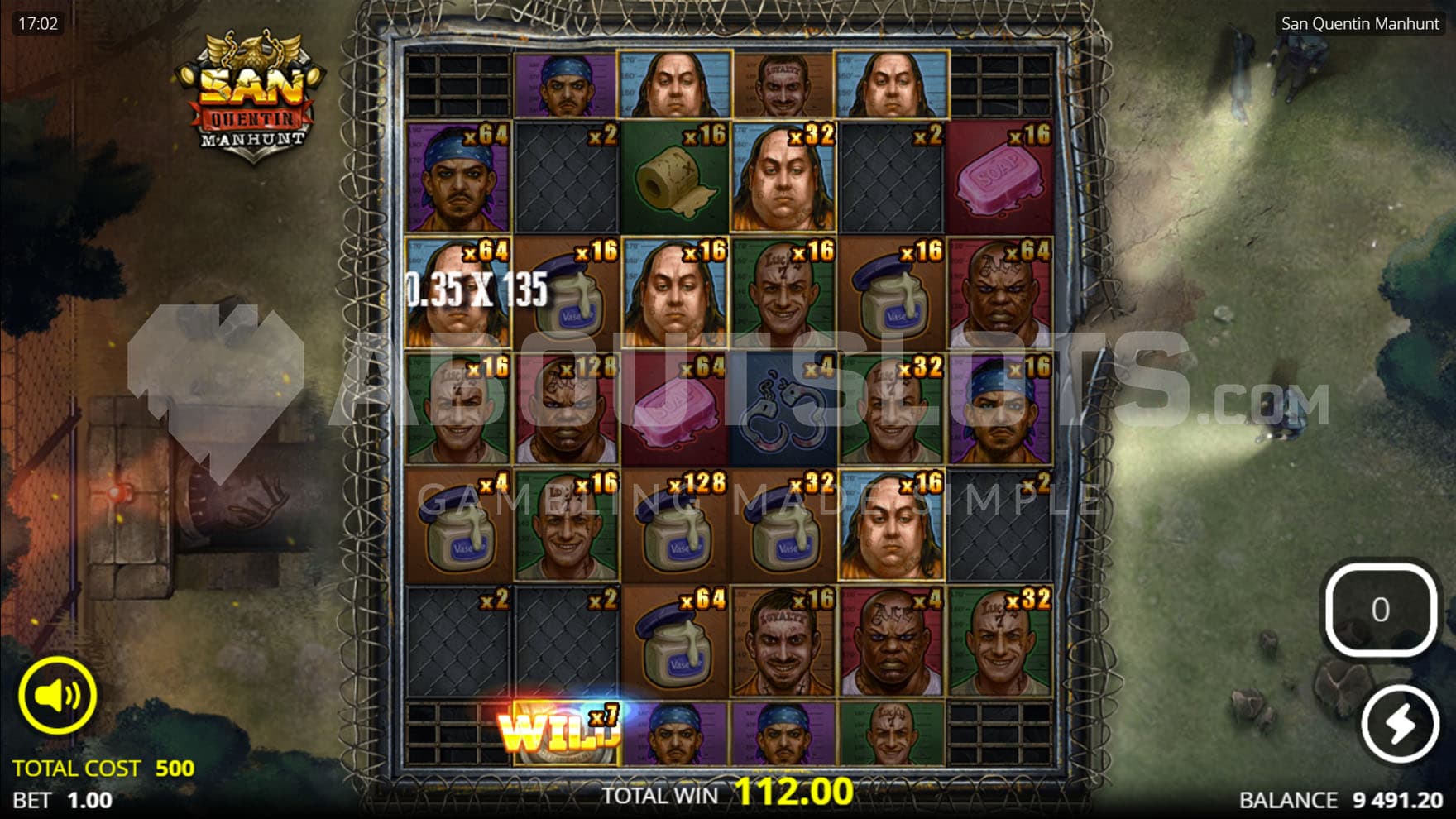 Manhunt Spins bonus in progress, showing most positions on the grid with increased multipliers.