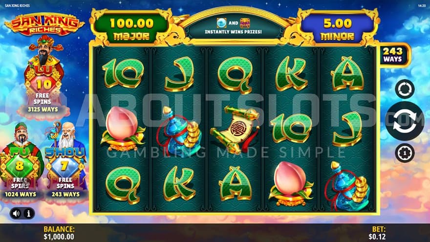 A casino slot in heaven with three Chinese gods to the left of the reels.