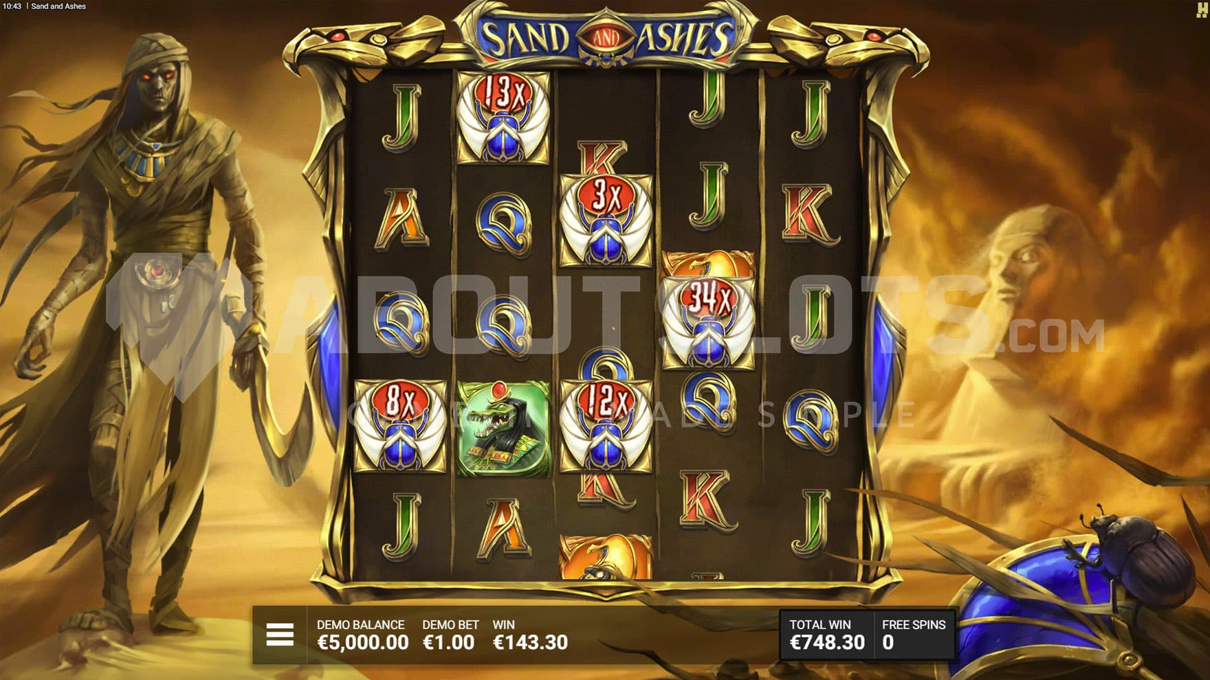 Storming Sphinx Bonus in progress, showing several Wilds with multipliers sticky on the grid.