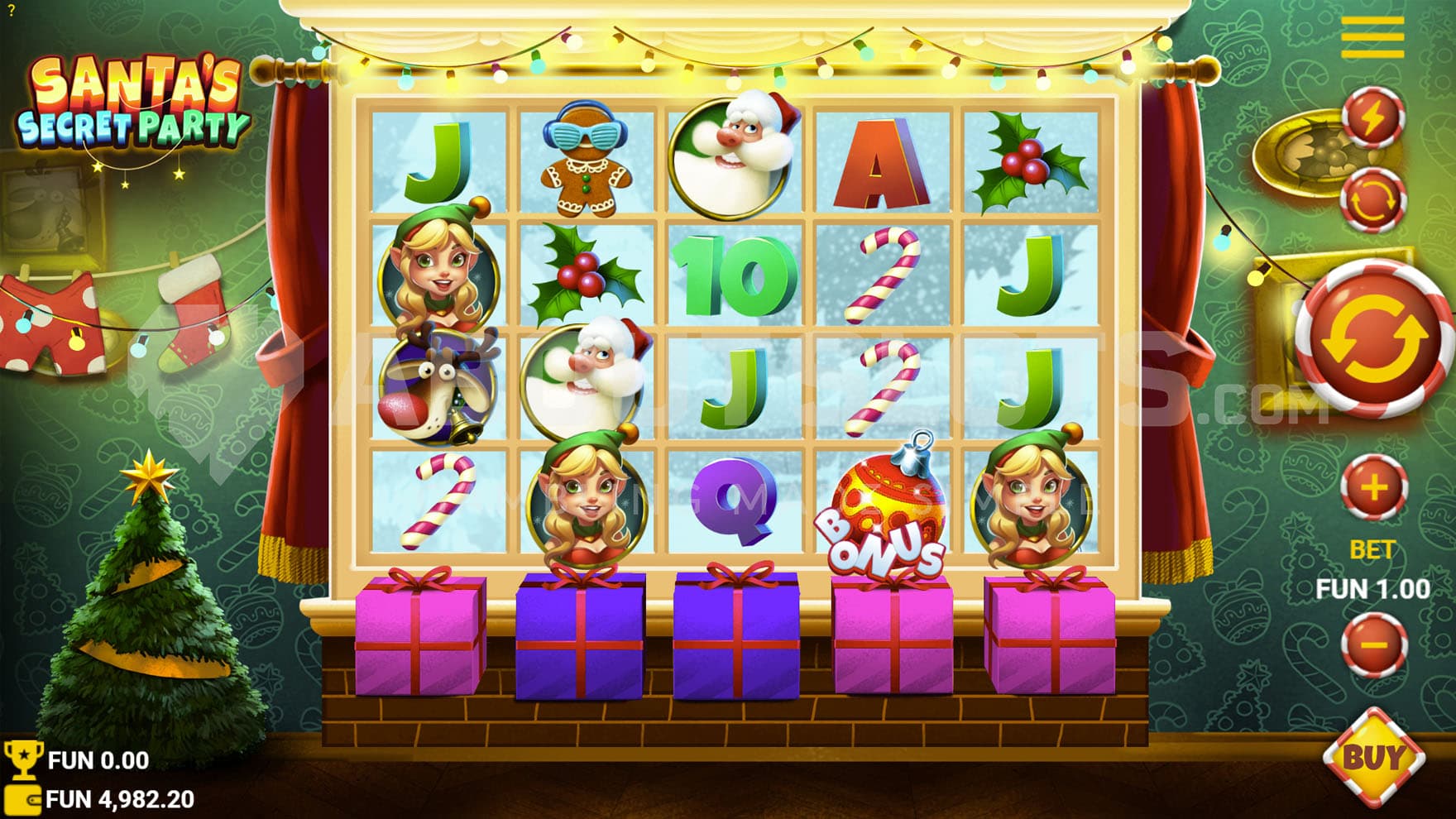 Base Game view of a 5x4 grid on a backdrop of a room decorated for Christmas.