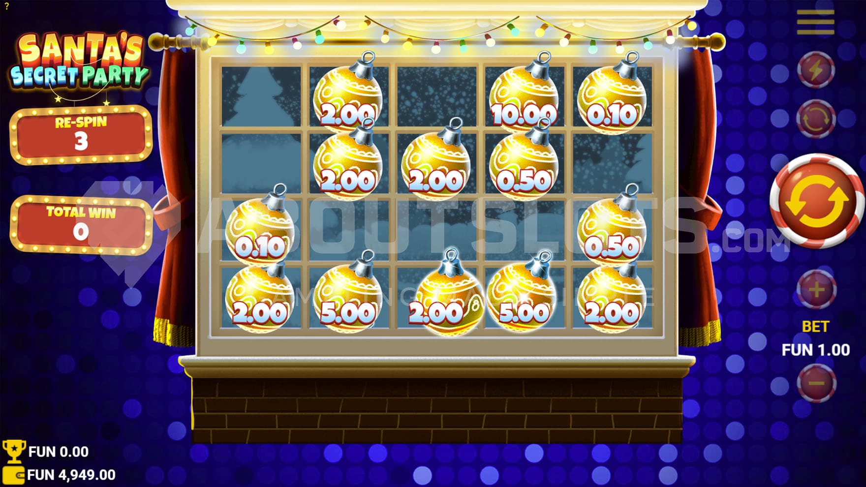 Hold & Merry Re-Spin feature in progress, showing multiple cash prizes sticky on the grid.