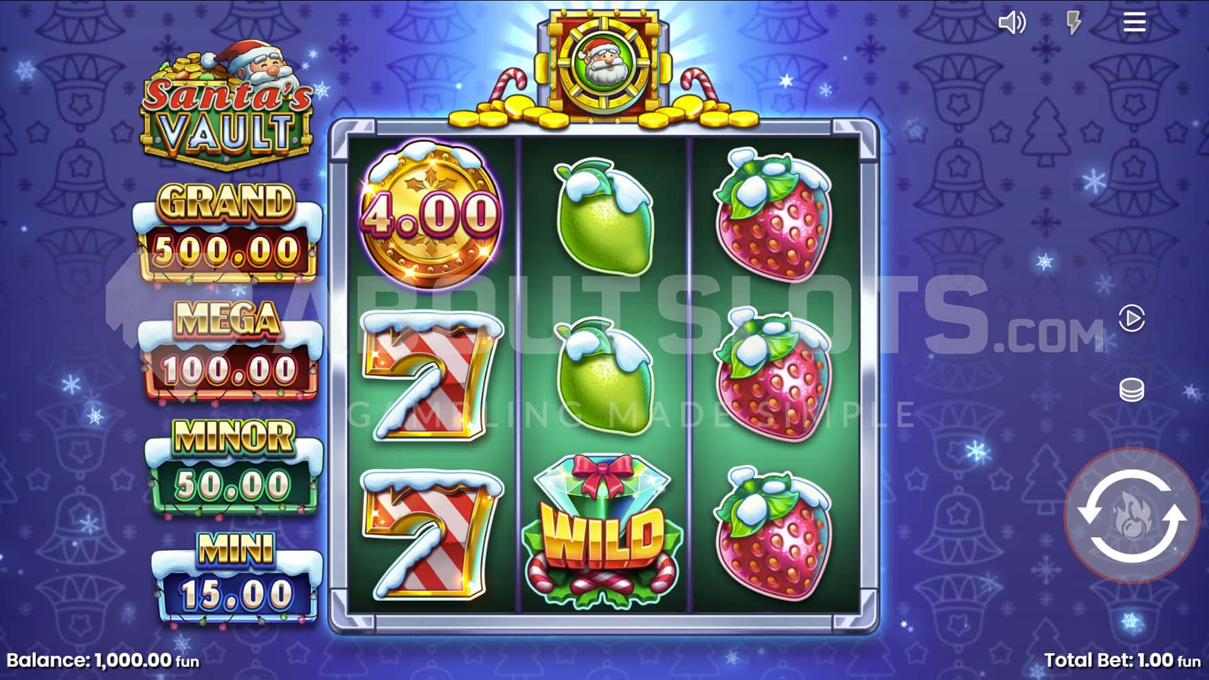 Base Game view of a 3x3 grid on a backdrop of a blue wallpaper with Christmas motifs.