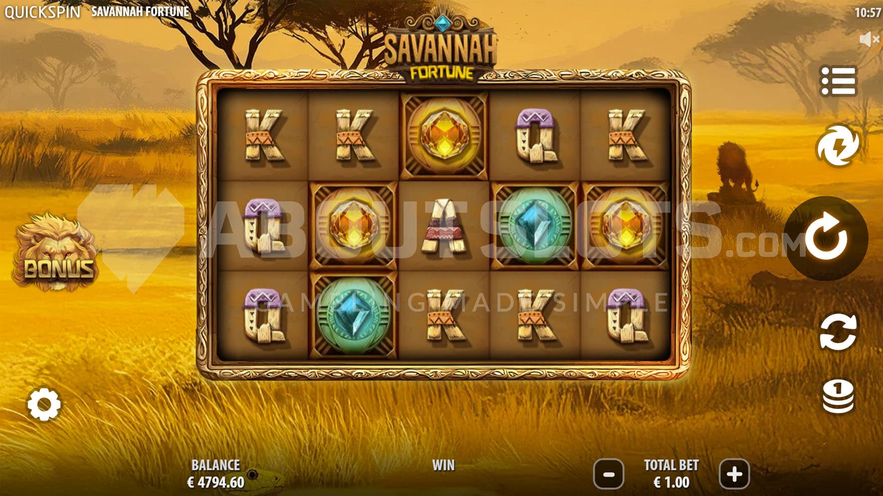 Base Game view of a 5x3 grid on a backdrop of a golden savannah.