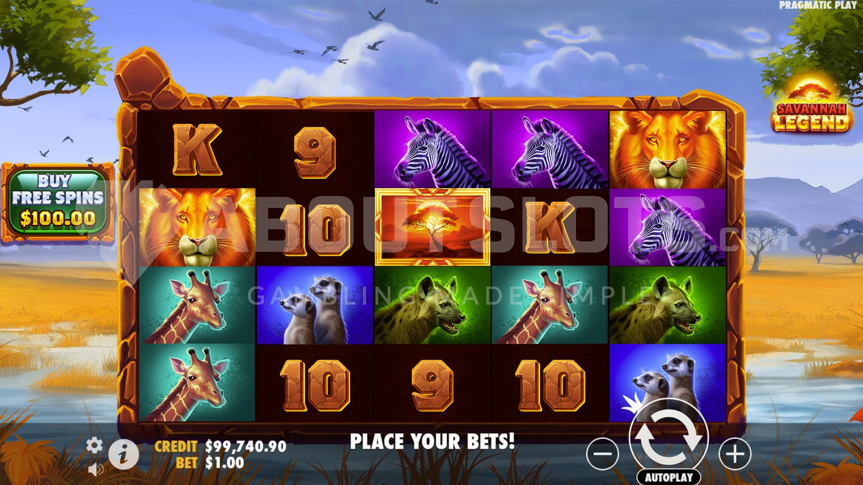 Base Game view of a 5x4 grid in a brown stone frame on a backdrop showing an African landscape.