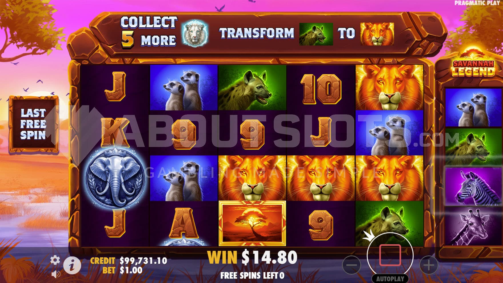 Free Spins bonus in progress with 2 out of 4 symbols converted into the top-paying lion symbol.