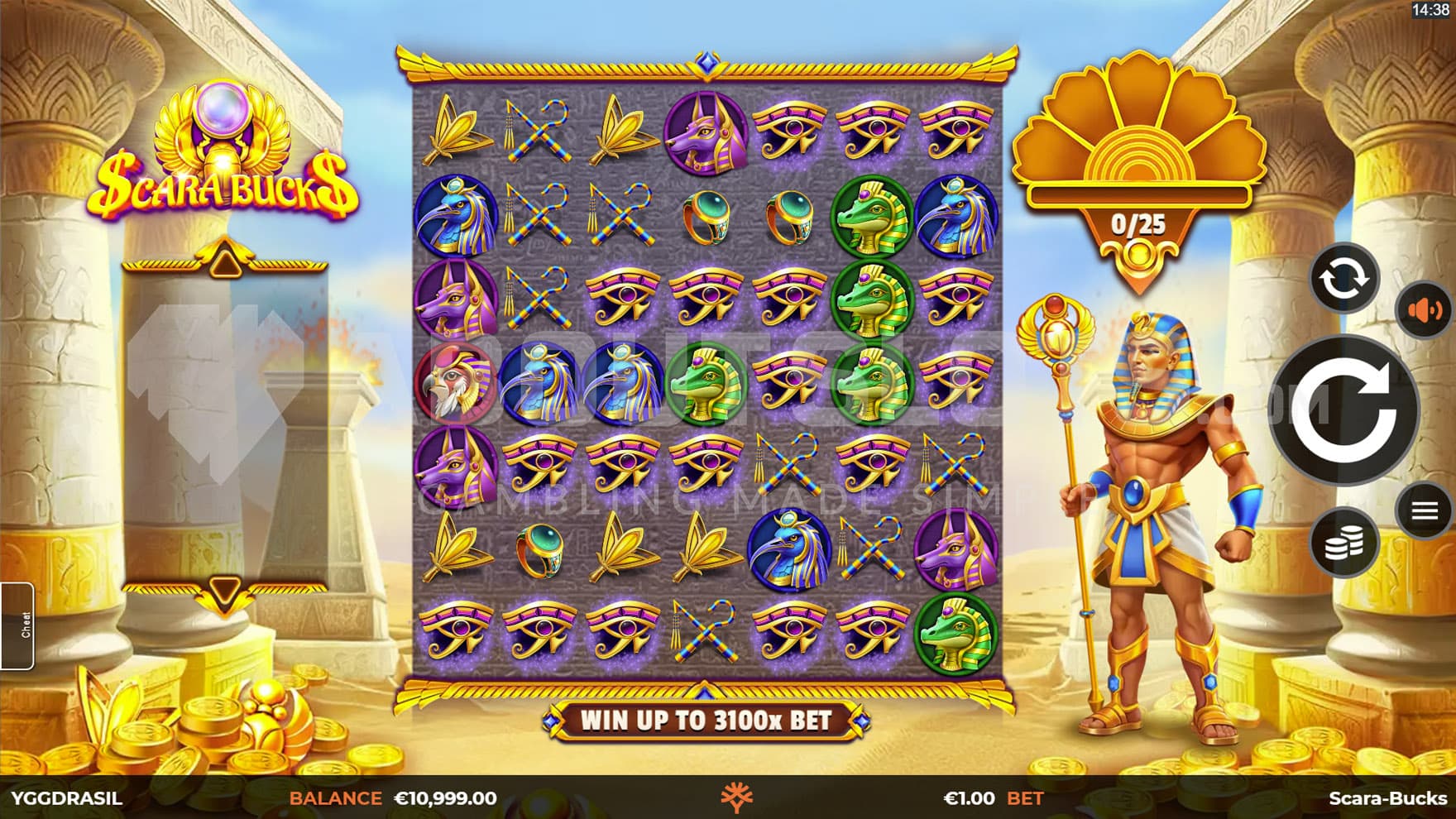 Base Game view of a 7x7 grid populated with Egyptian-themed symbols on a backdrop of an entrance to a tomb.