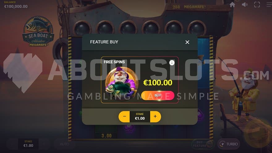 A screen offering the Free Spins for 100X the bet.