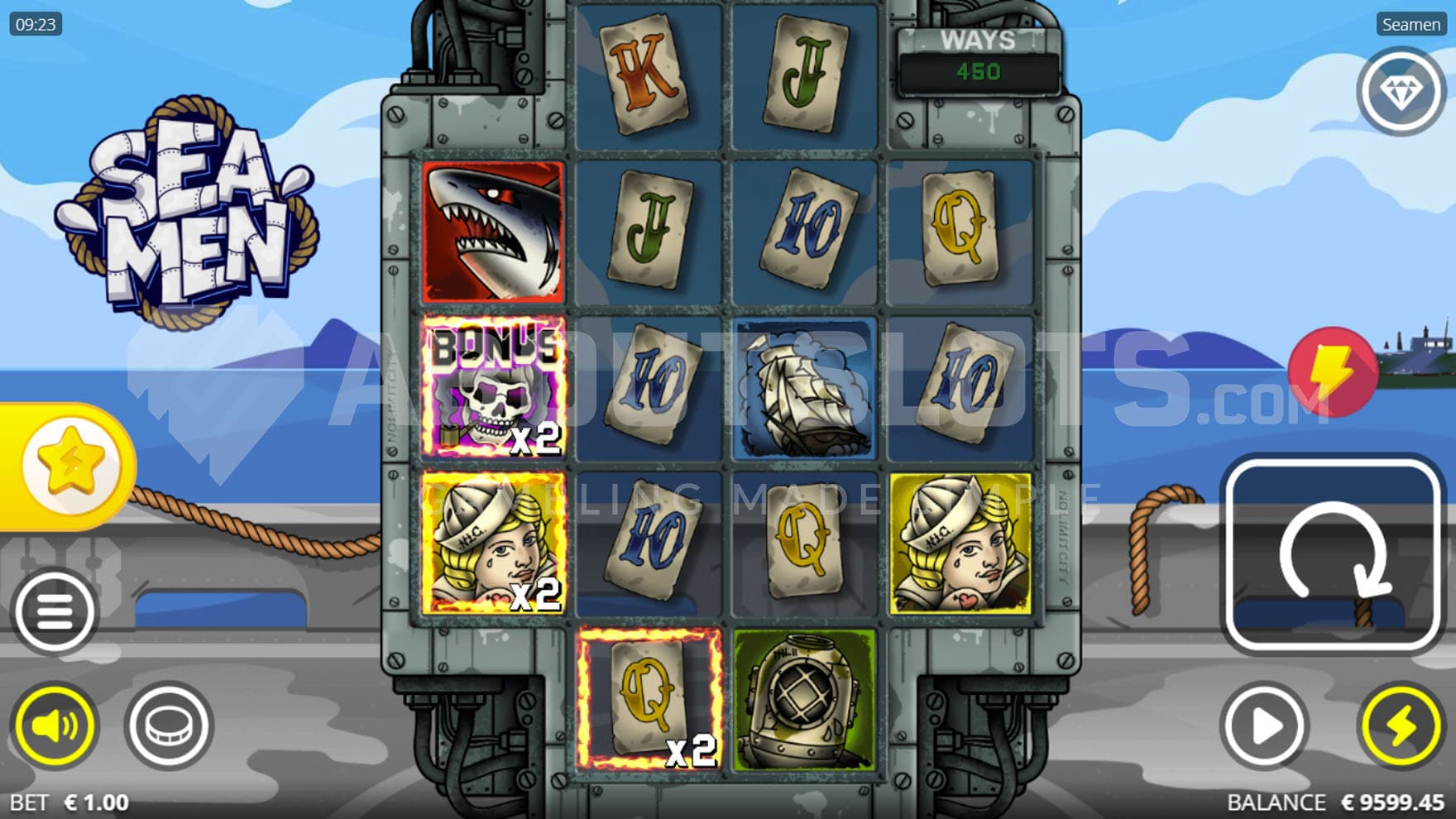 Base Game view of a 4x3-4 grid standing on a deck of a ship, set on a backdrop of an open ocean.