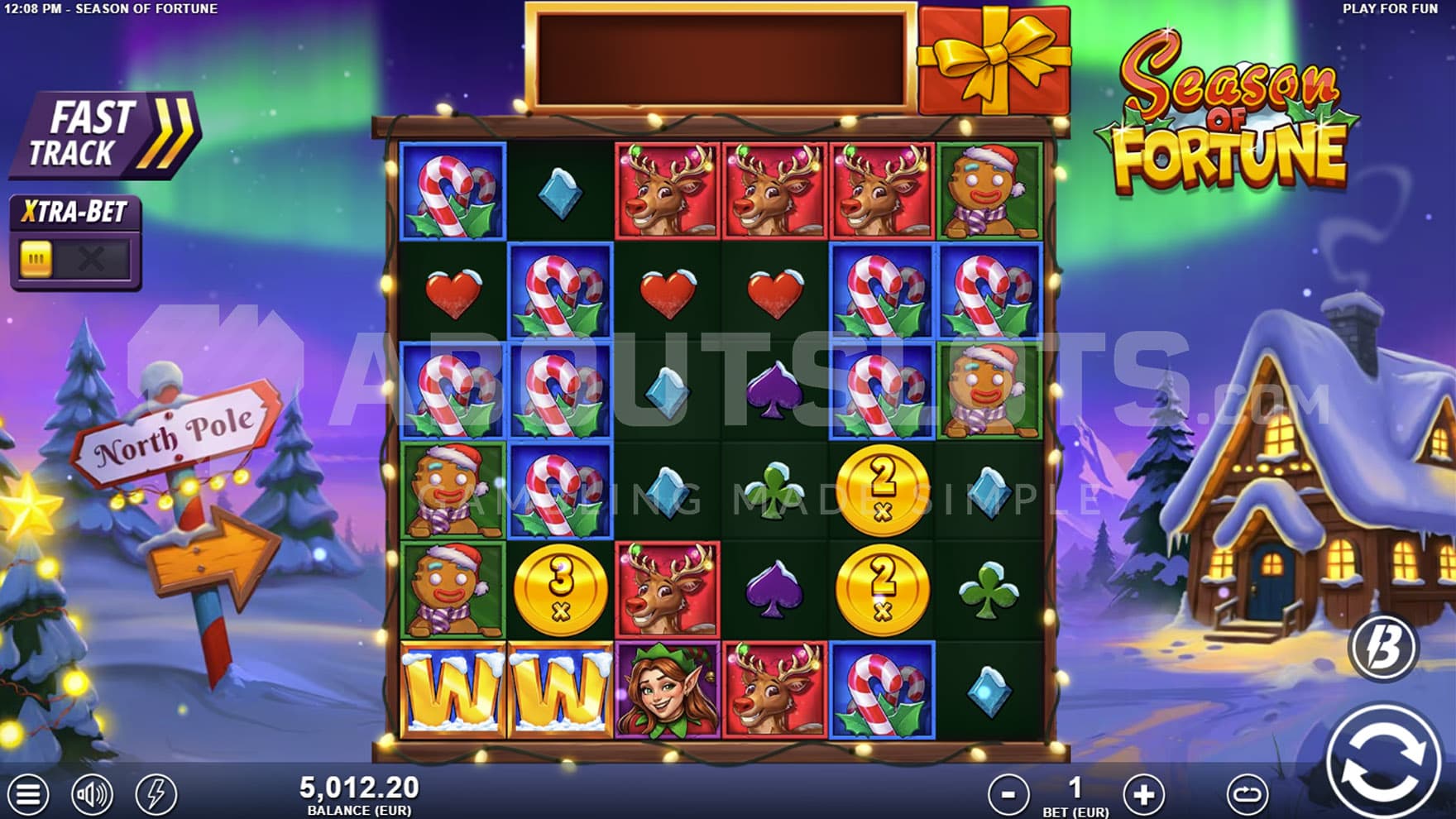 Base Game view of a 6x6 grid on a backdrop of a natural winter landscape with a cottage standing on the right.