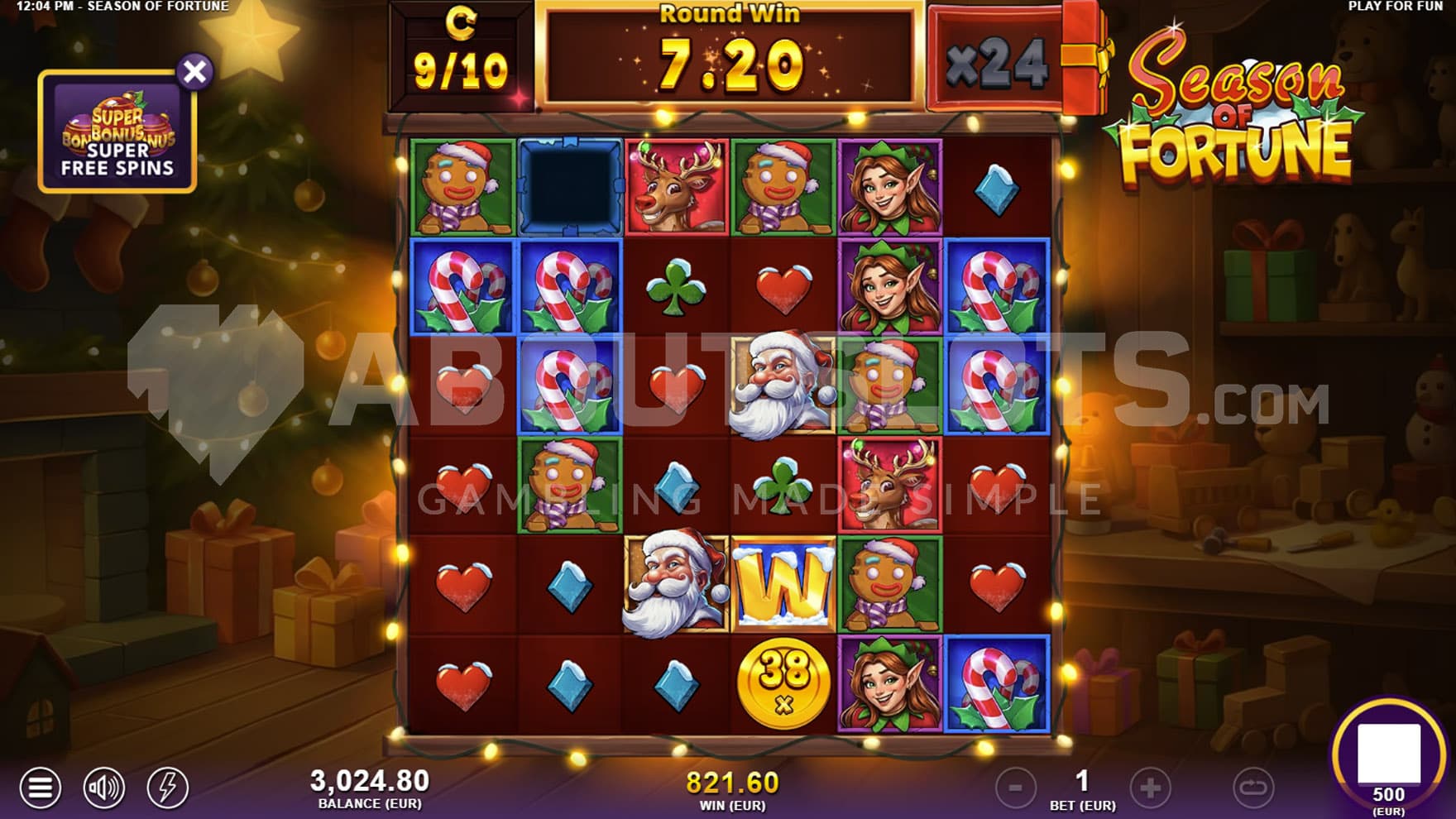 Super Free Spins bonus in progress, showing a total multiplier increased to x24 and a Cash Coin with a value of 38x the bet on the grid.