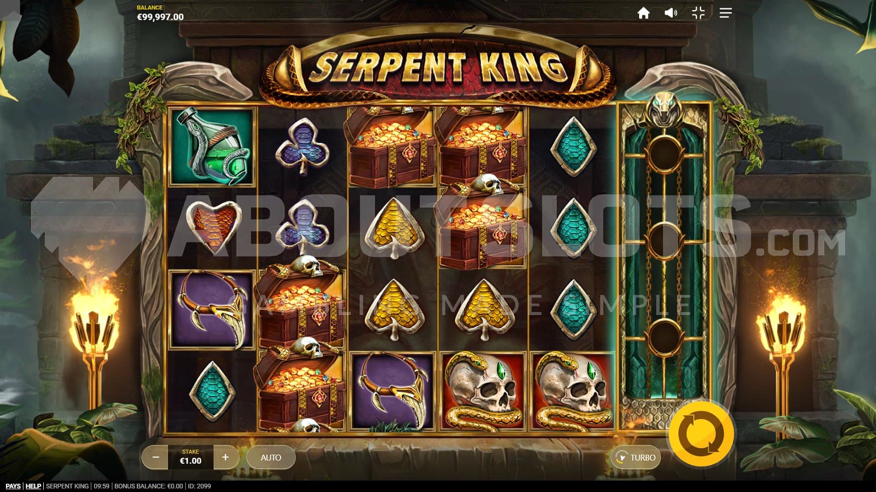 A casino slot with burning torches next to the reels.