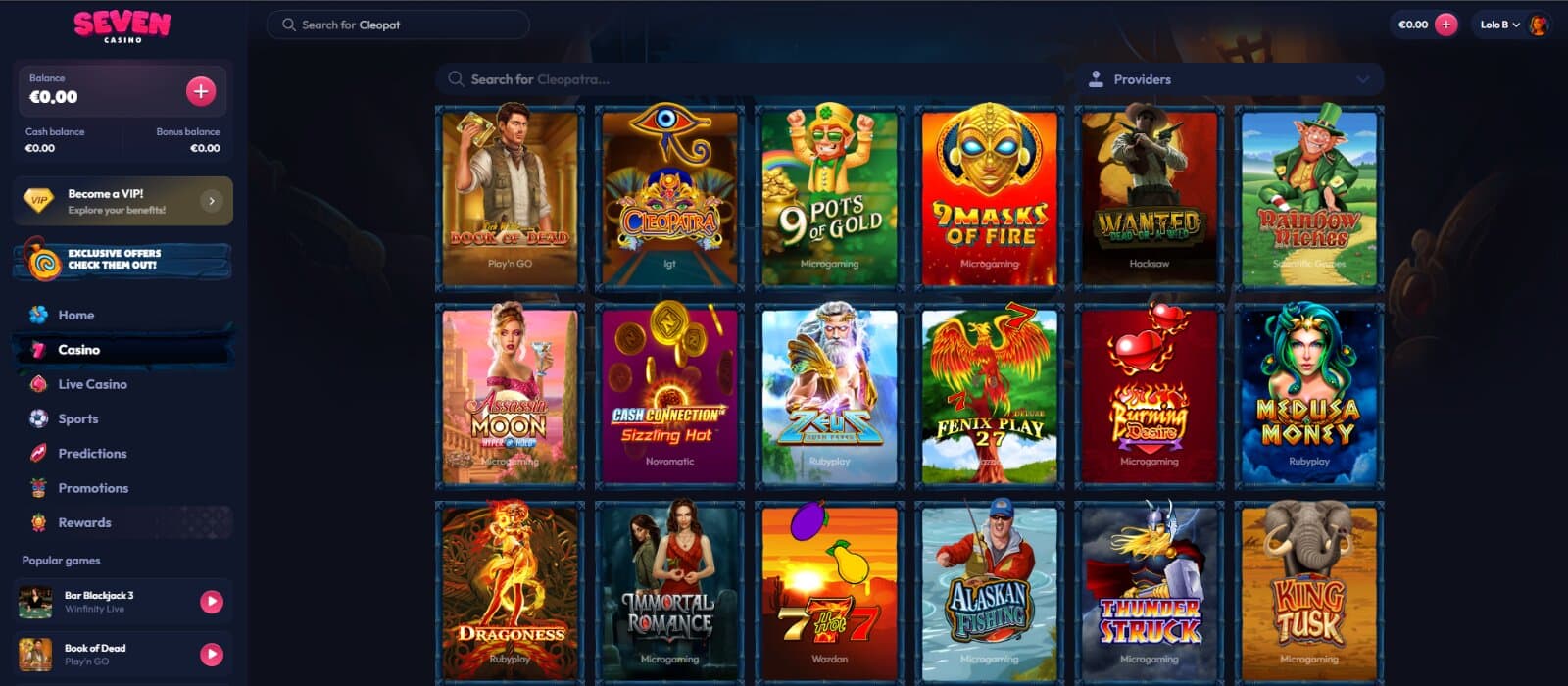 Seven Casino games page featuring slot icons under search and provider box and dropdown