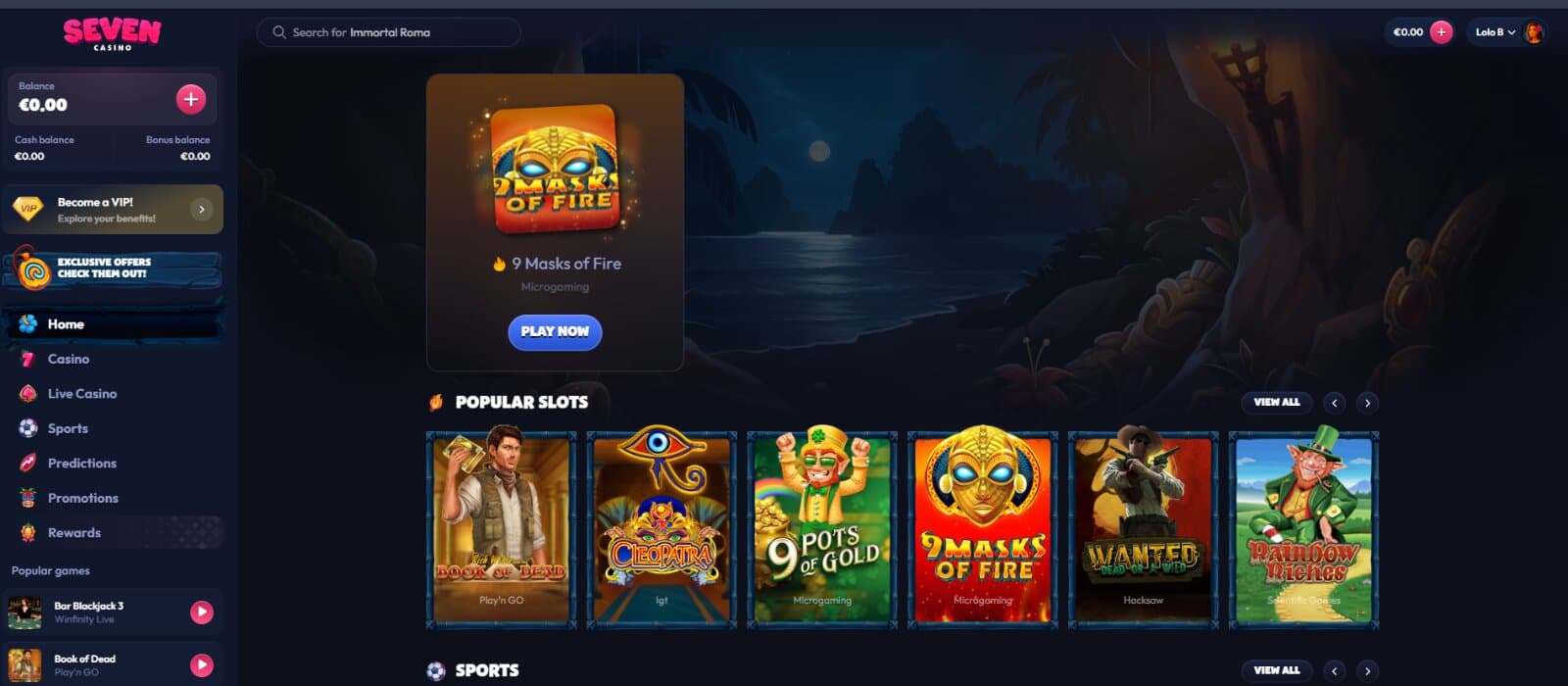 Seven Casino landing page displaying featured slot icon, popular slot section, next to side navigational menu