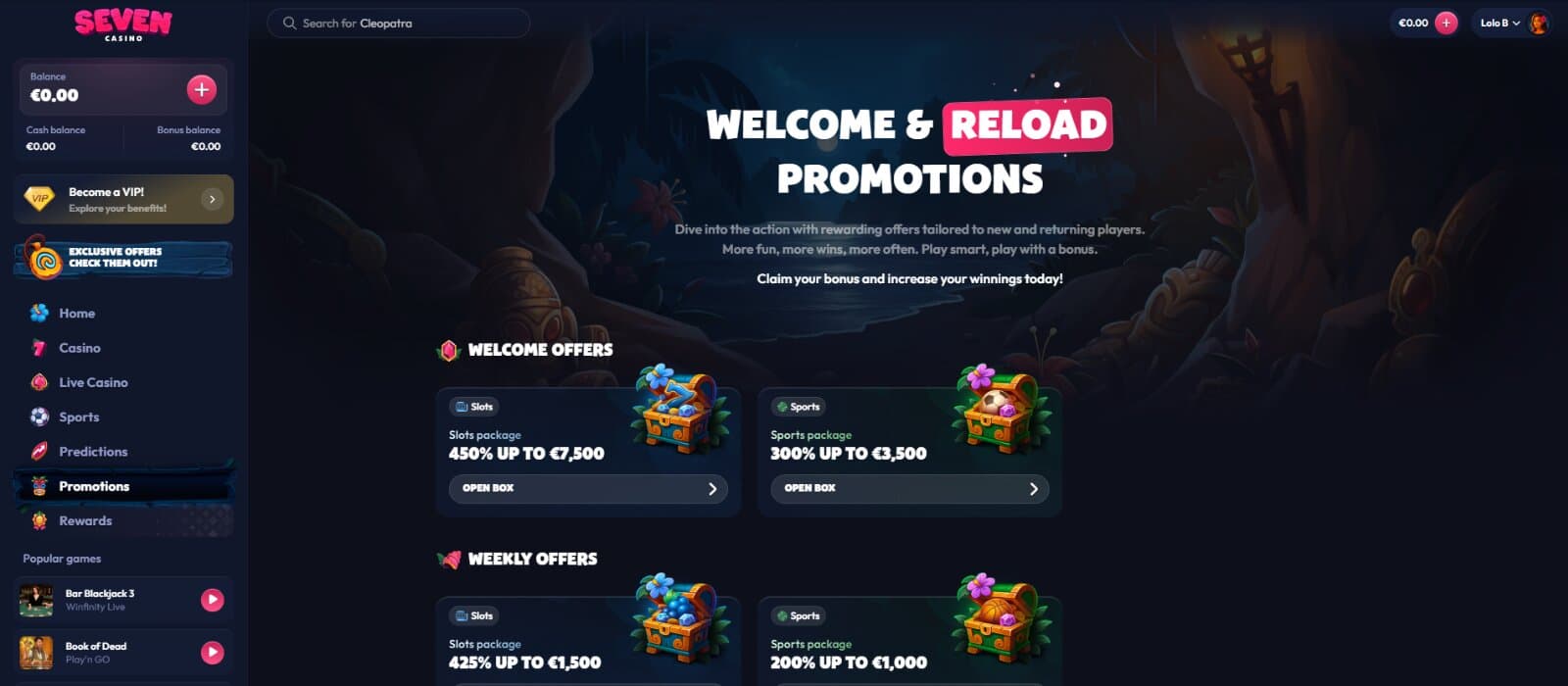 Seven Casino promotions page featuring the slots and sports welcome packages along with slots and sports reload packages