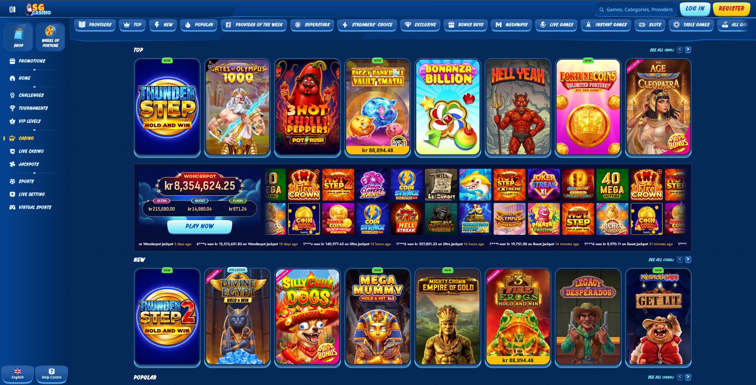 SG Casino Games Page showing a selection of slots and casino games