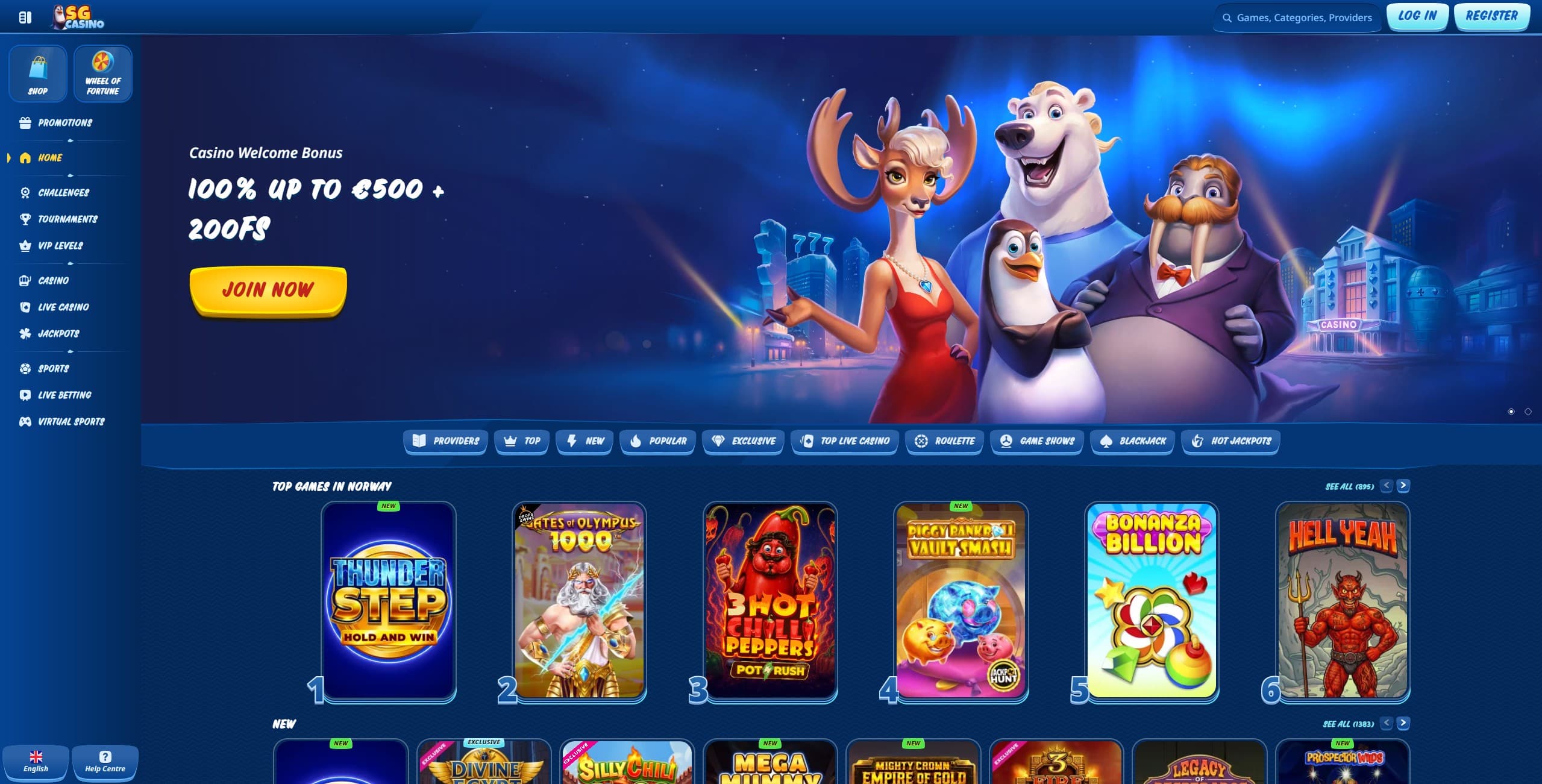 SG Casino Landing Page showing a selection of games and the welcome offer