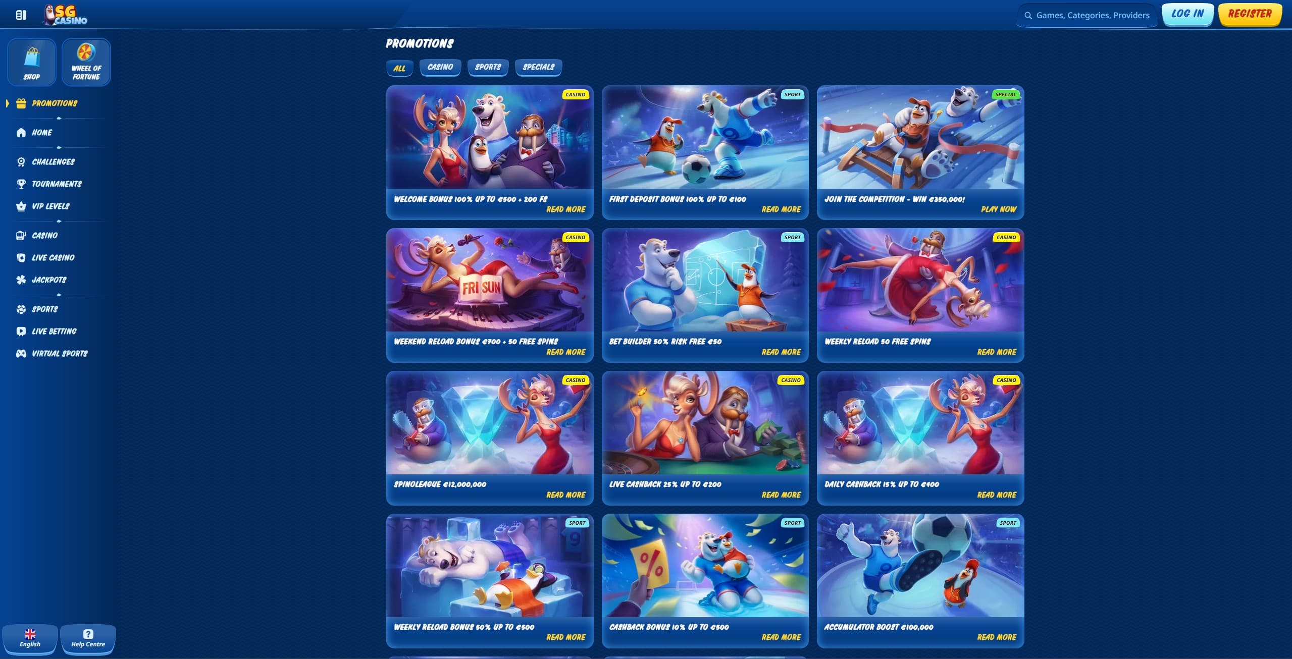 SG Casino Promotions Page showing the available bonuses and promotions