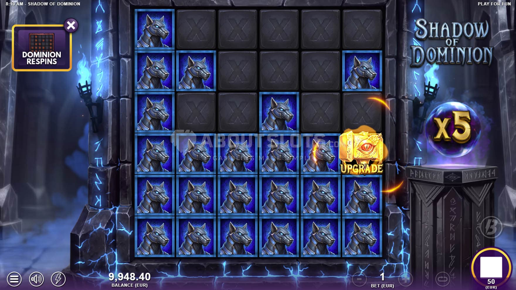 Screenshot of the Dominion Respins feature in progress, showing a grid filled with matching symbols and an Upgrade symbol scored.