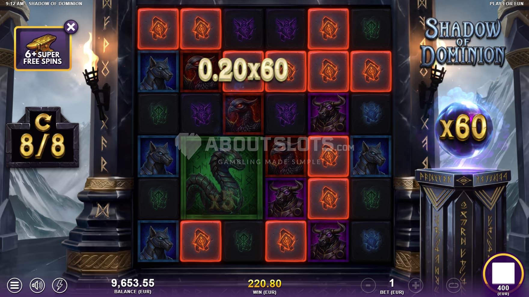 Screenshot of the Free Spins bonus in progress, showing a win multiplied by x60.