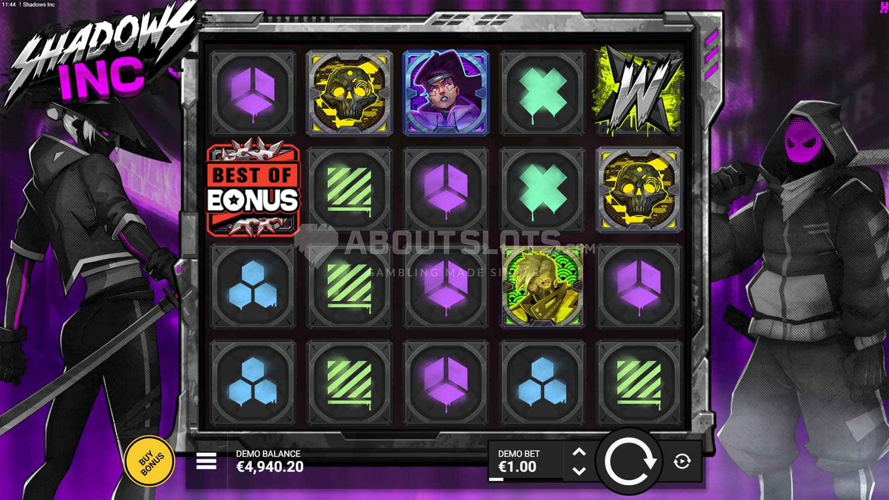 Screenshot of the base game, showing a 5x4 grid flanked by two warriors on a purple background.