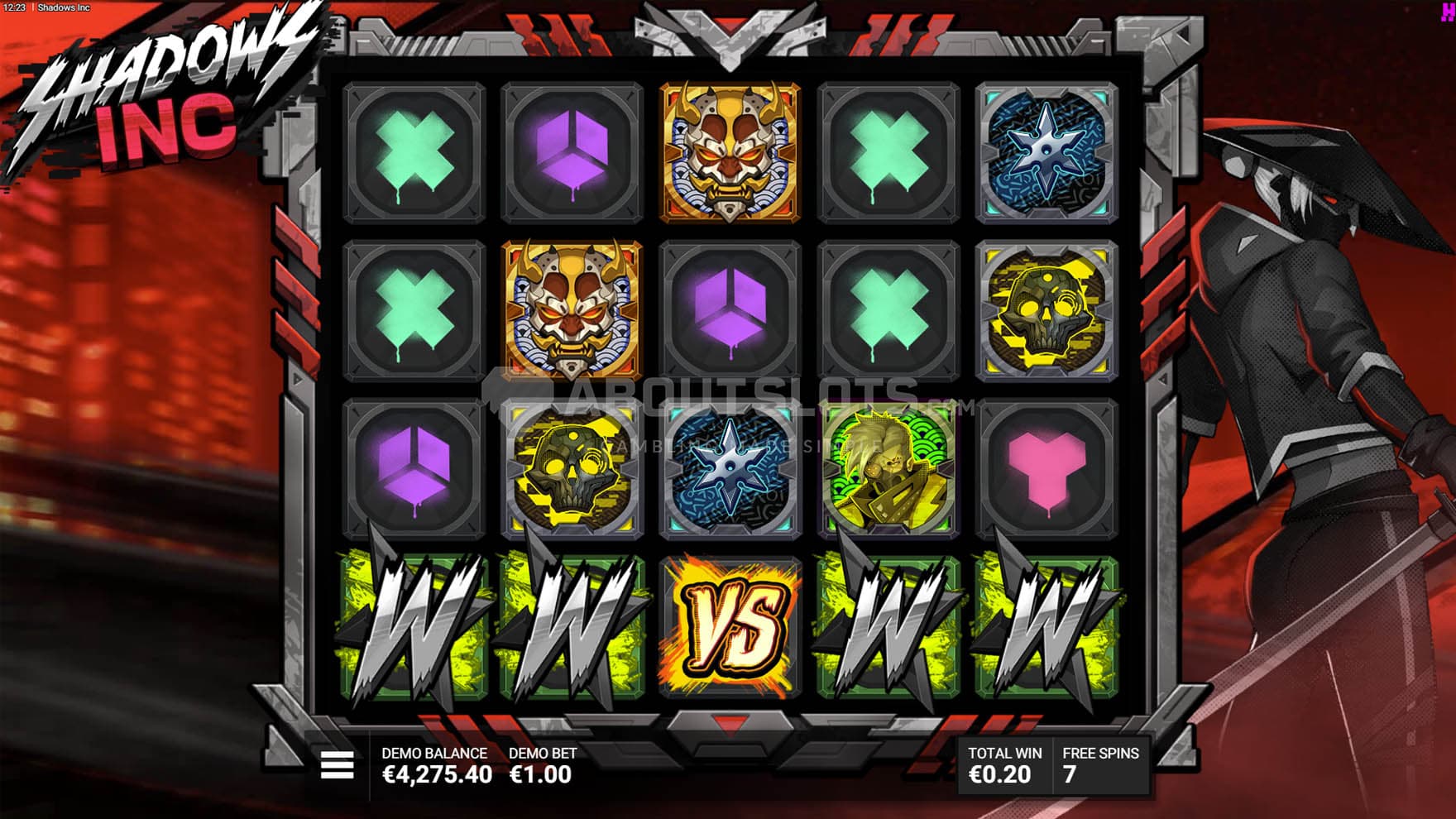 Screenshot of the Wild Slayers Bonus in progress, showing the VS symbol generating a full row of Wilds at the bottom of the grid.