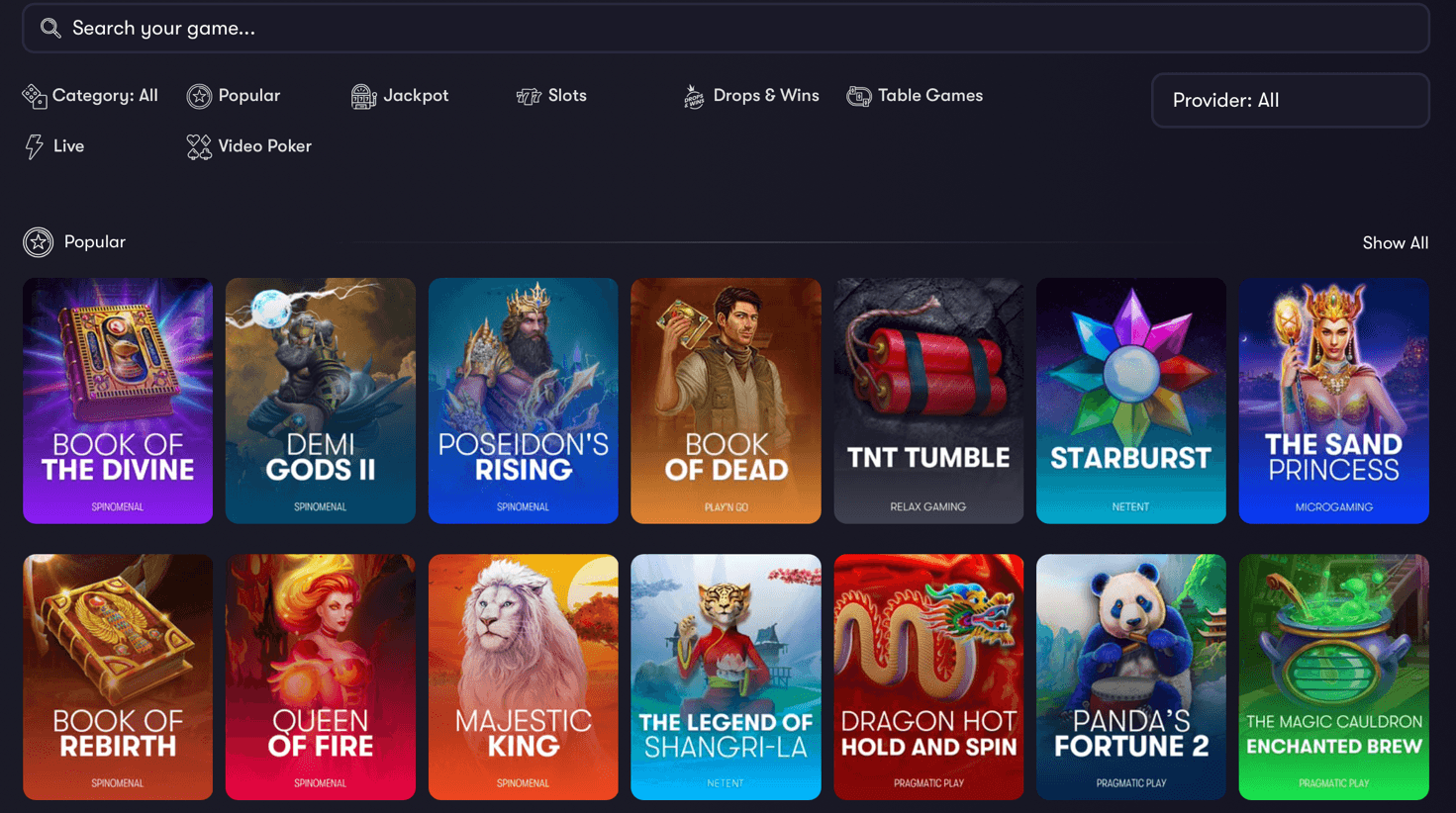 Shangri La Casino games page with slot and table game sections and search bar