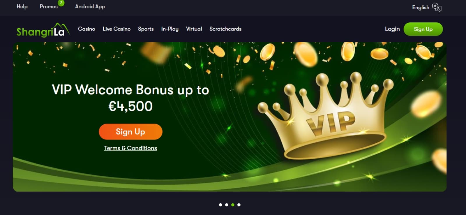 Shangri La Casino Landing page with VIP welcome bonus of 4500 euro with golden crown image