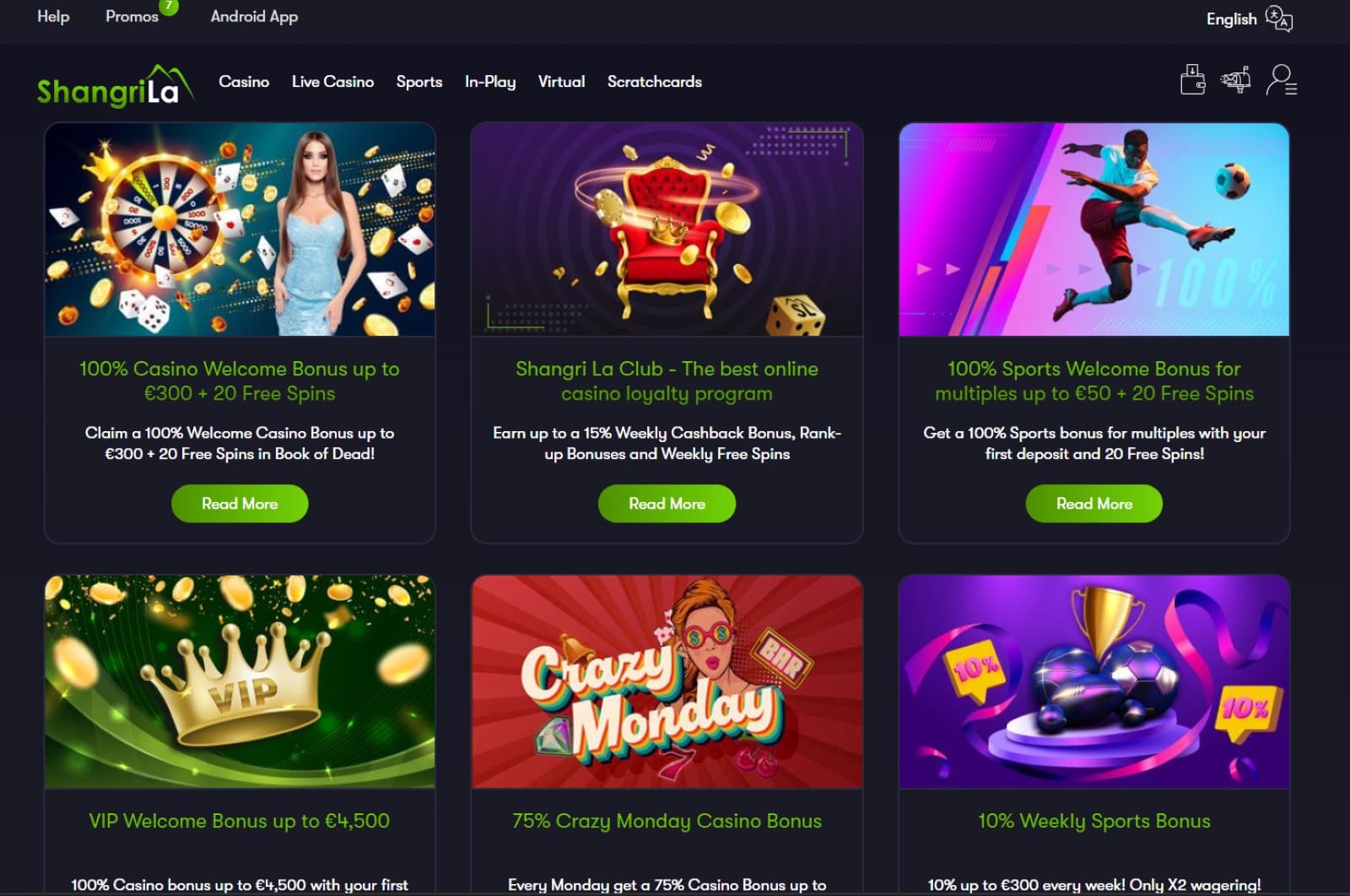 Shangri La Casino promotions page with welcome bonus, VIP cashback and sports bonuses