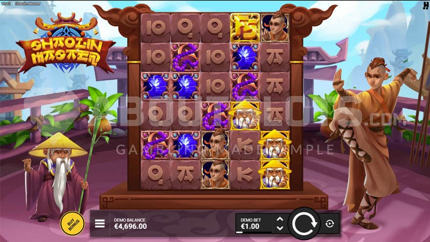 Base Game with a Shaolin Master on the left of the reels.