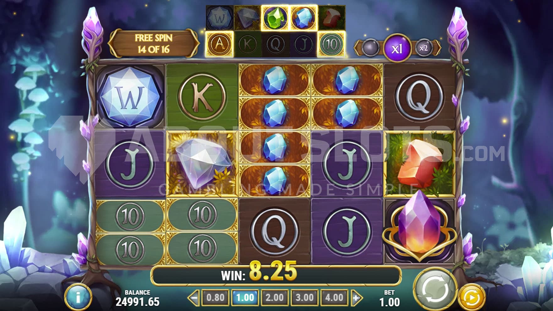 Free Spins bonus in progress, showing several symbols activated as Splitting Symbols.