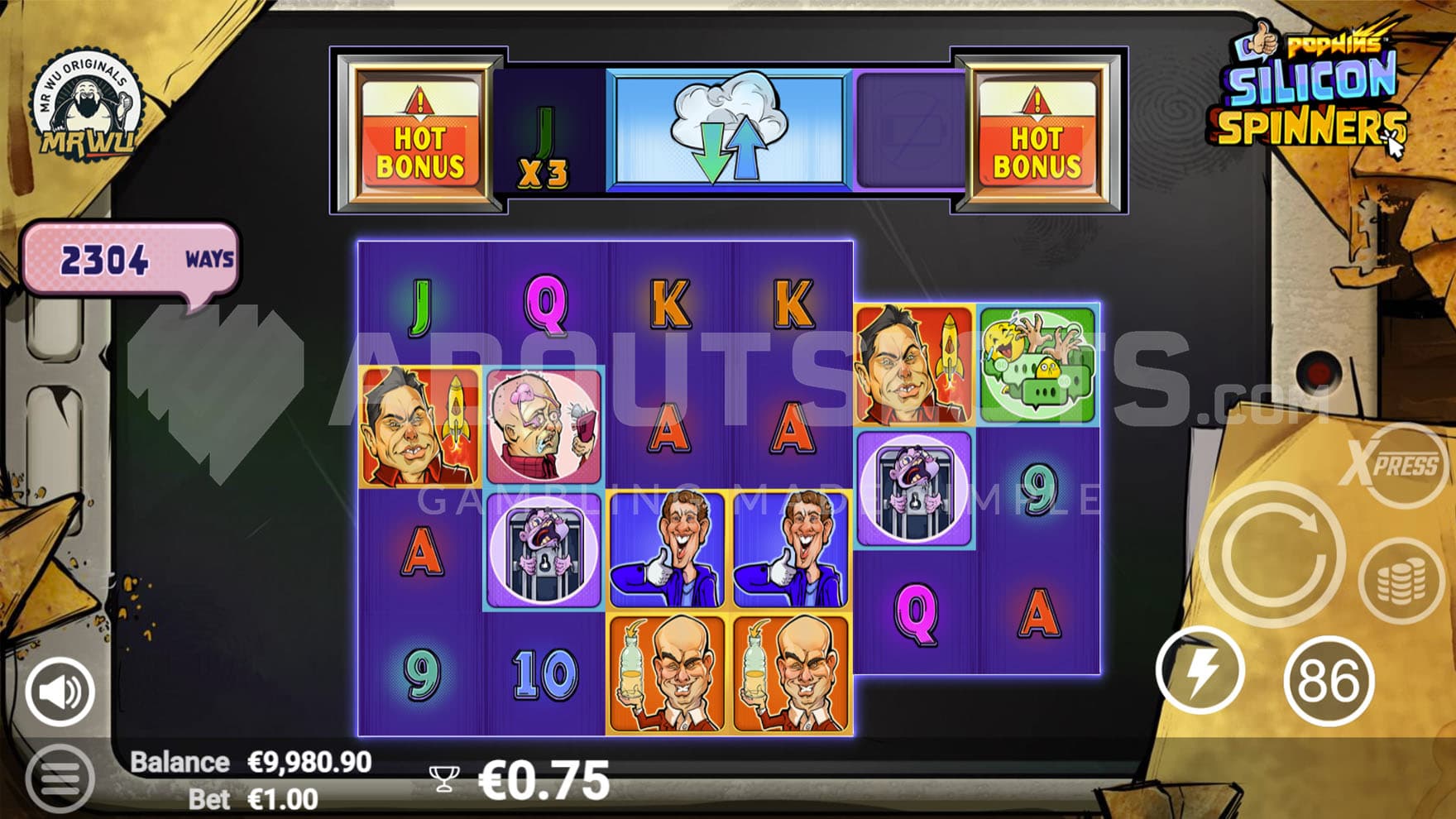 Base Game view of a 6-reel grid with variable number symbols per column, set on a backdrop of a black tablet.