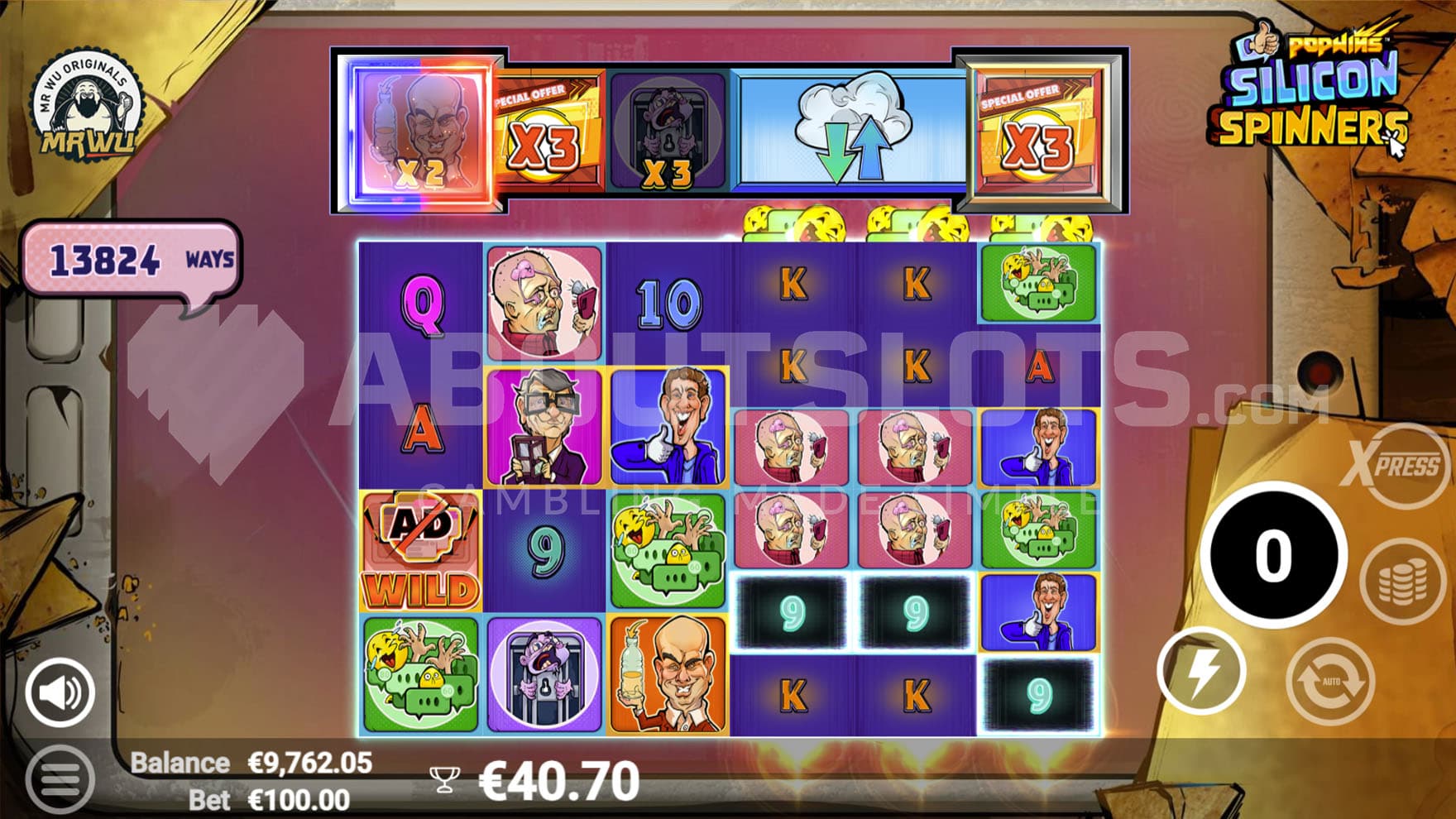 Free Spins bonus in progress, showing multiple feature symbols on the ZapReel and multiple reels in increased size.