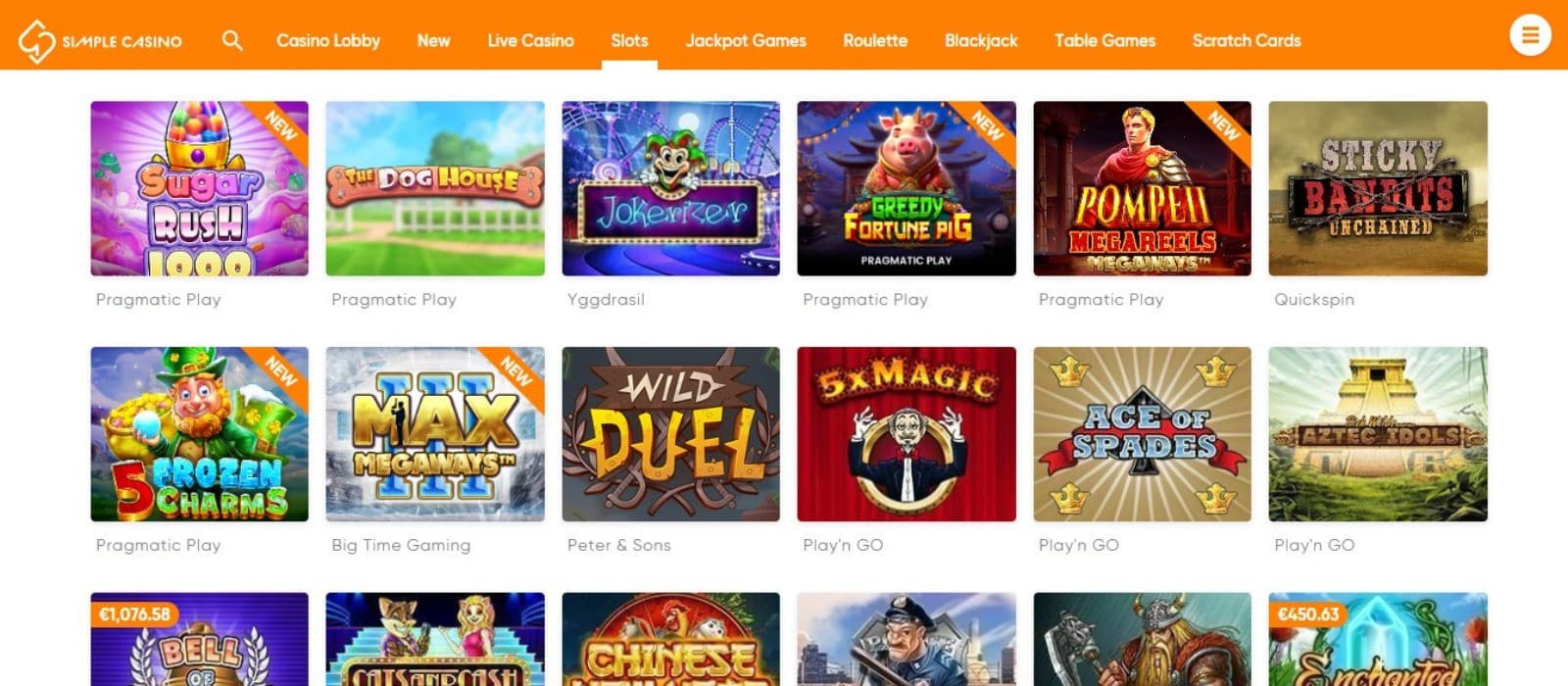 Simple Casino's slot games category, showing titles such as Sugar Rush 1000 and other exceptional games.
