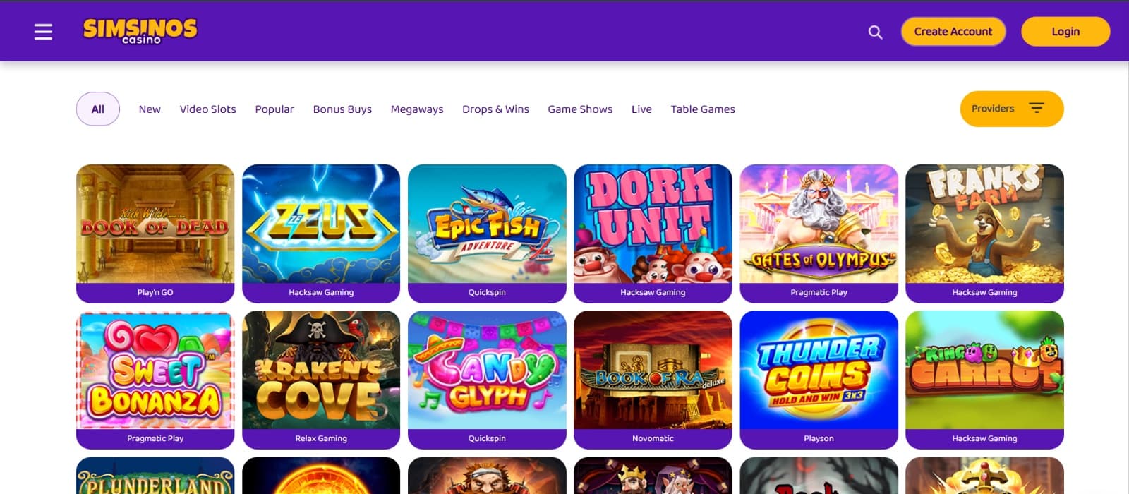 Simsinos Casino games page with Book of Dead, Epic Fish and Gates of Olympus slots