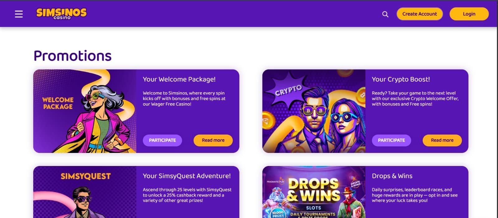 Simsinos Casino promotional page with welcome package with 200% no wager bonus