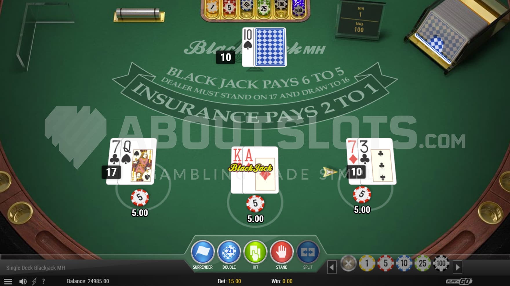 Base Game view of a casino table with 3 blackjack hands being played, one of which scores BlackJack.