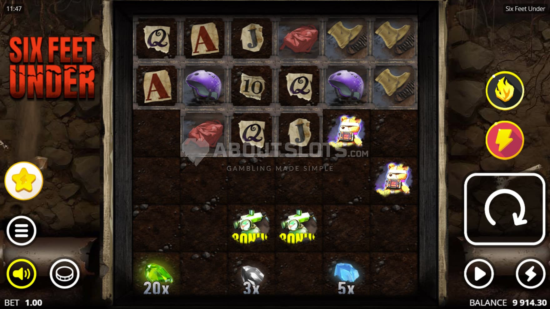 Screenshot of the base game, showing a 6x6 grid on a backdrop covered with dirt.