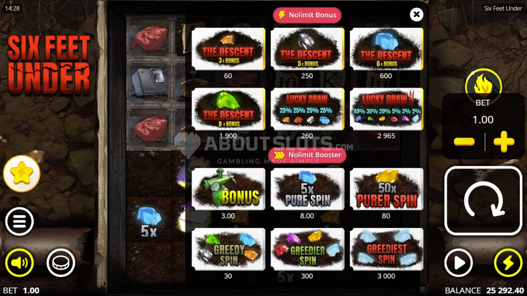 Screenshot of the opened Nolimit Bonus and Noilmit Booster menus.