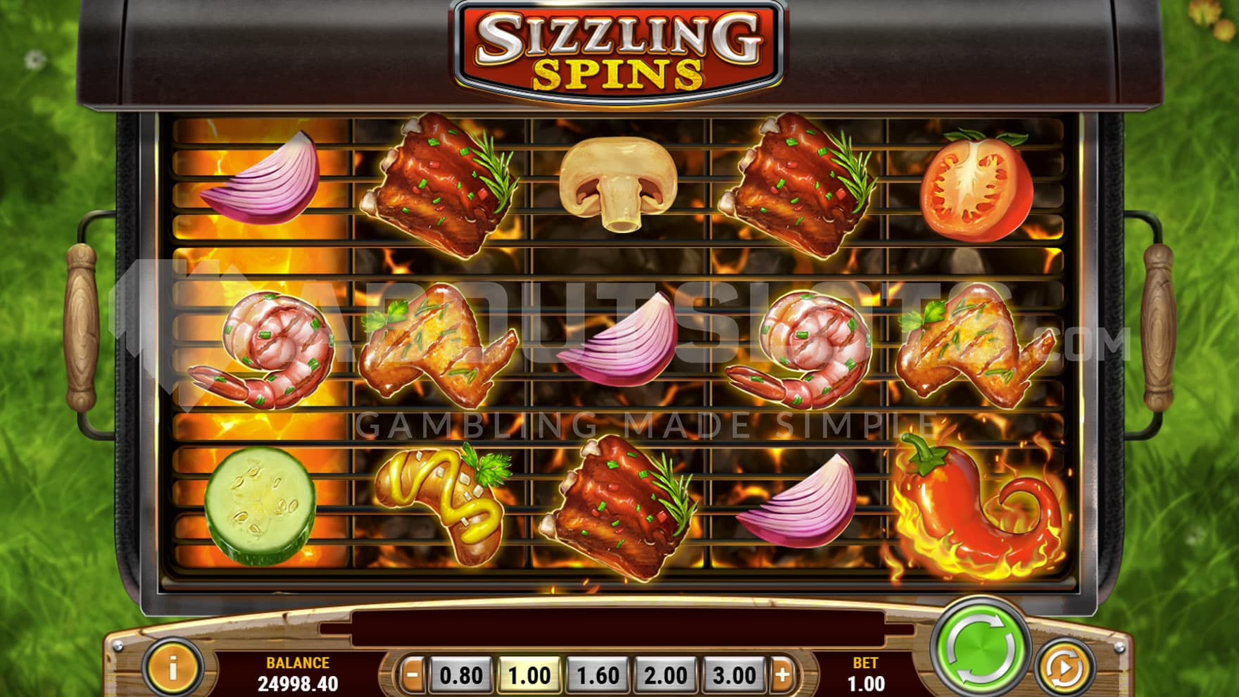 Base Game view of a 5x3 grid in the form of a grill on a backdrop of green grass.