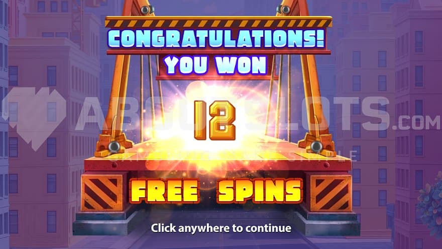 A screen congratulating the player to 12 free spins.