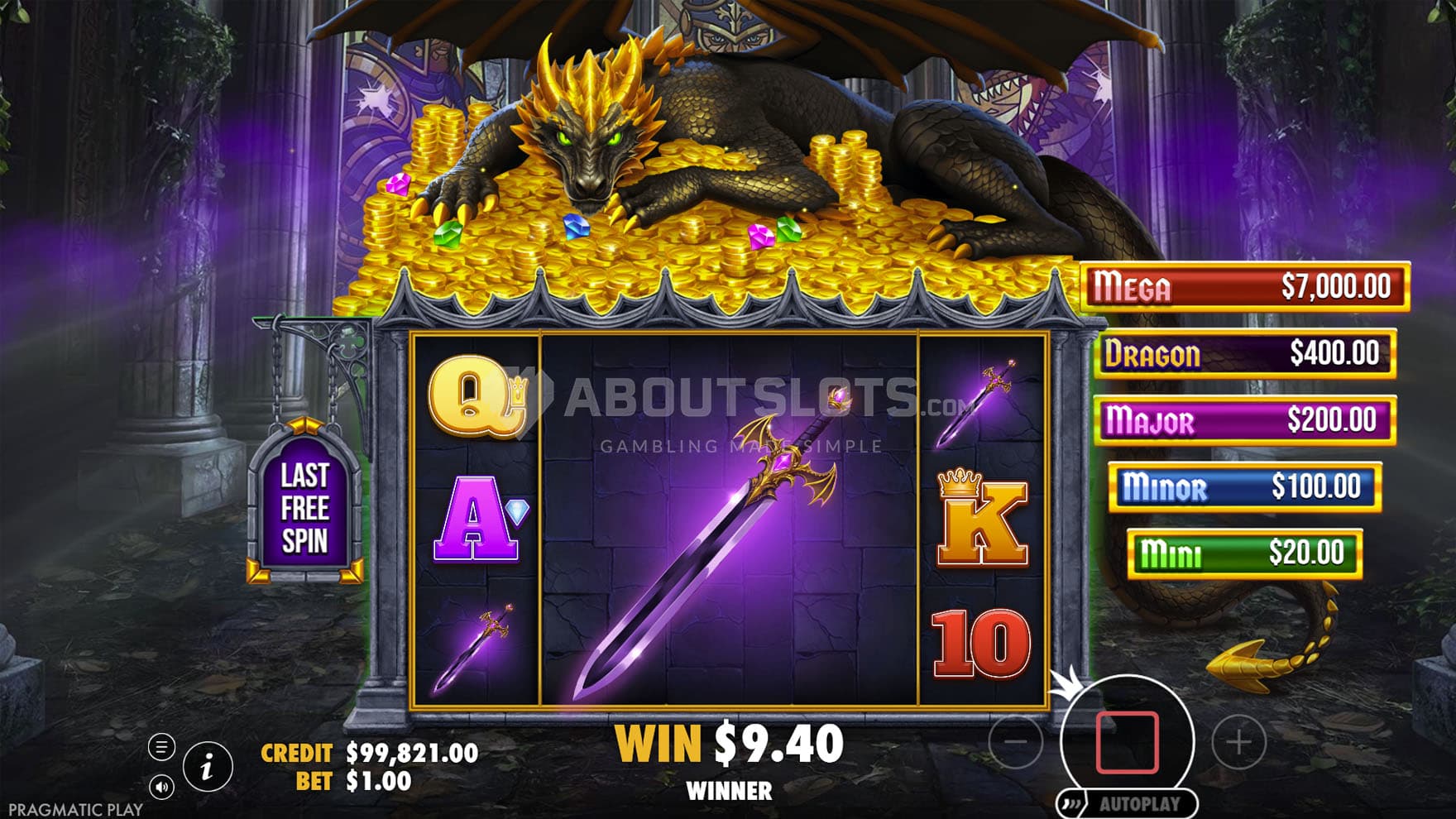 Screenshot of a Free Spins bonus, showing a giant high-paying symbol on three middle reels.