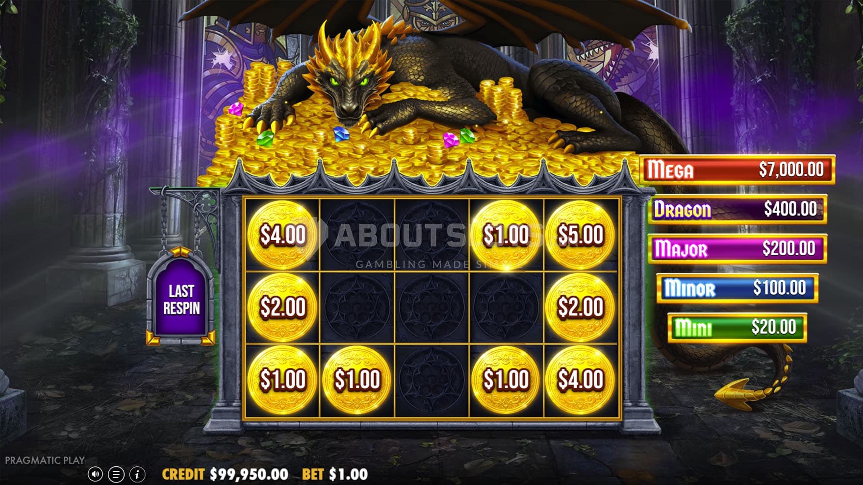 Screenshot of a Respin Bonus, with multiple cash symbols locked on the grid.