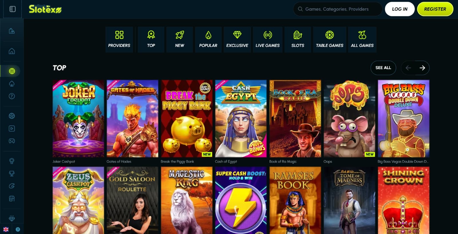 Slotexo Casino games page with slots games under game tabs