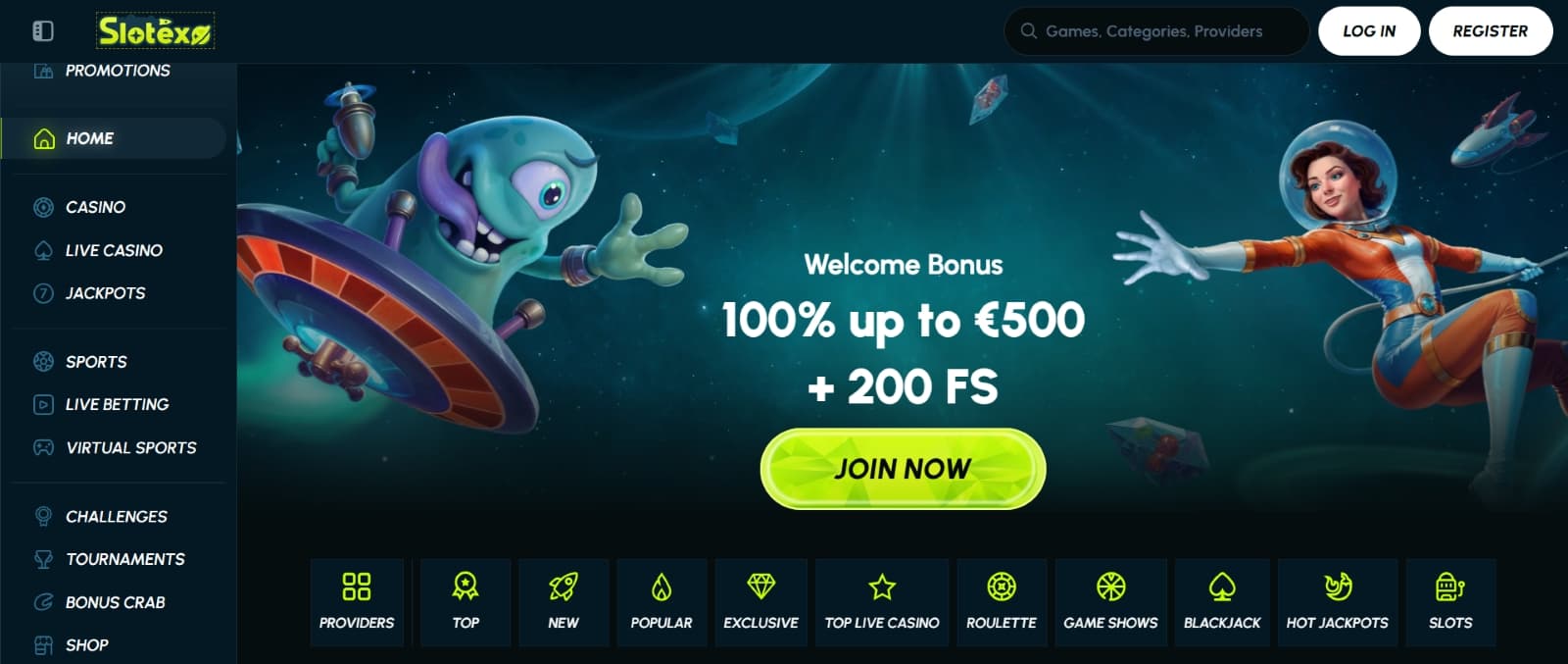 Slotexo Casino landing page with 100% up to 500 eur bonus over alien and spacegirl banner
