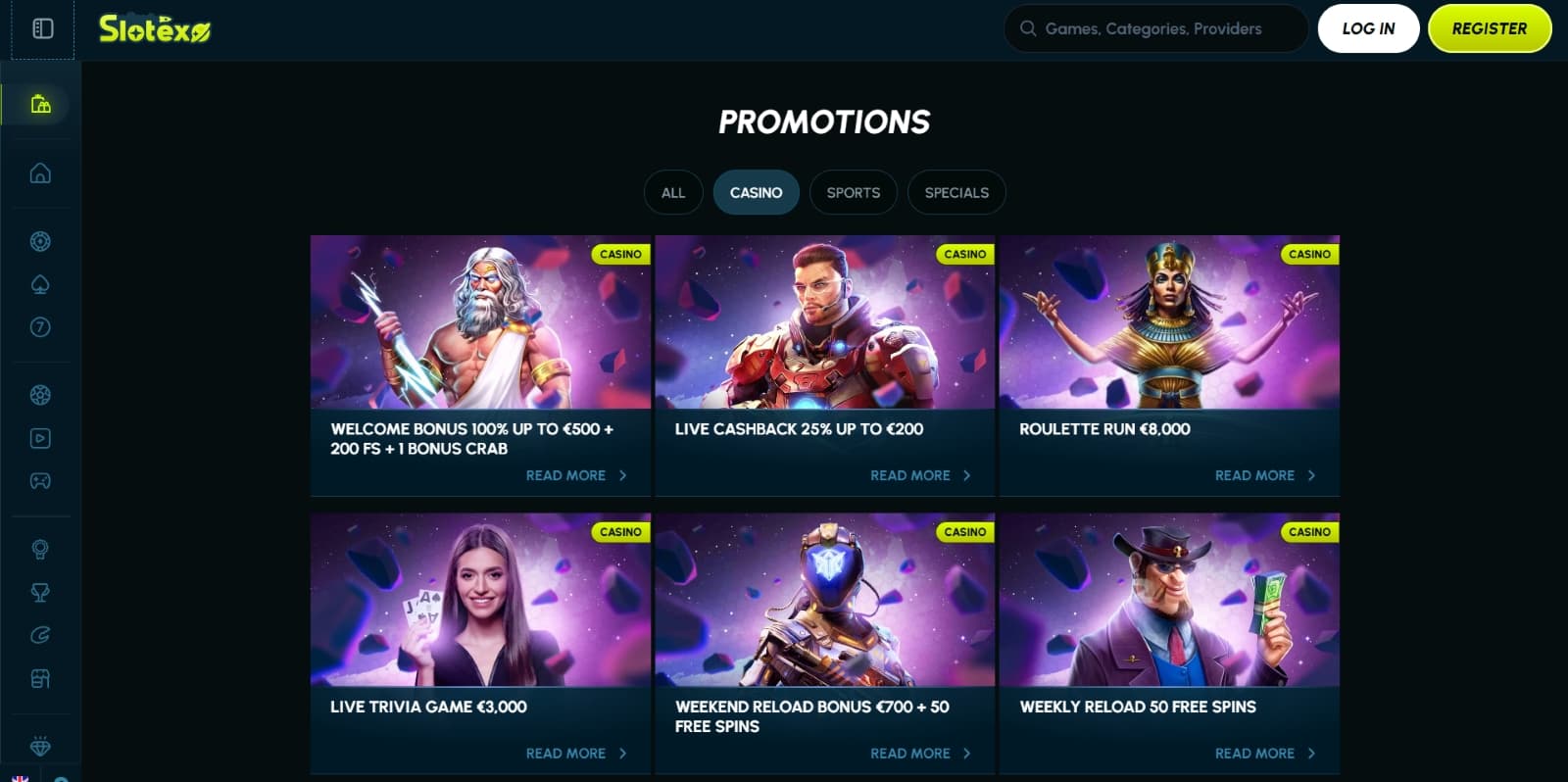Slotexo Casino promotions page with casino bonuses like welcome bonus, live cashback  and roulette run