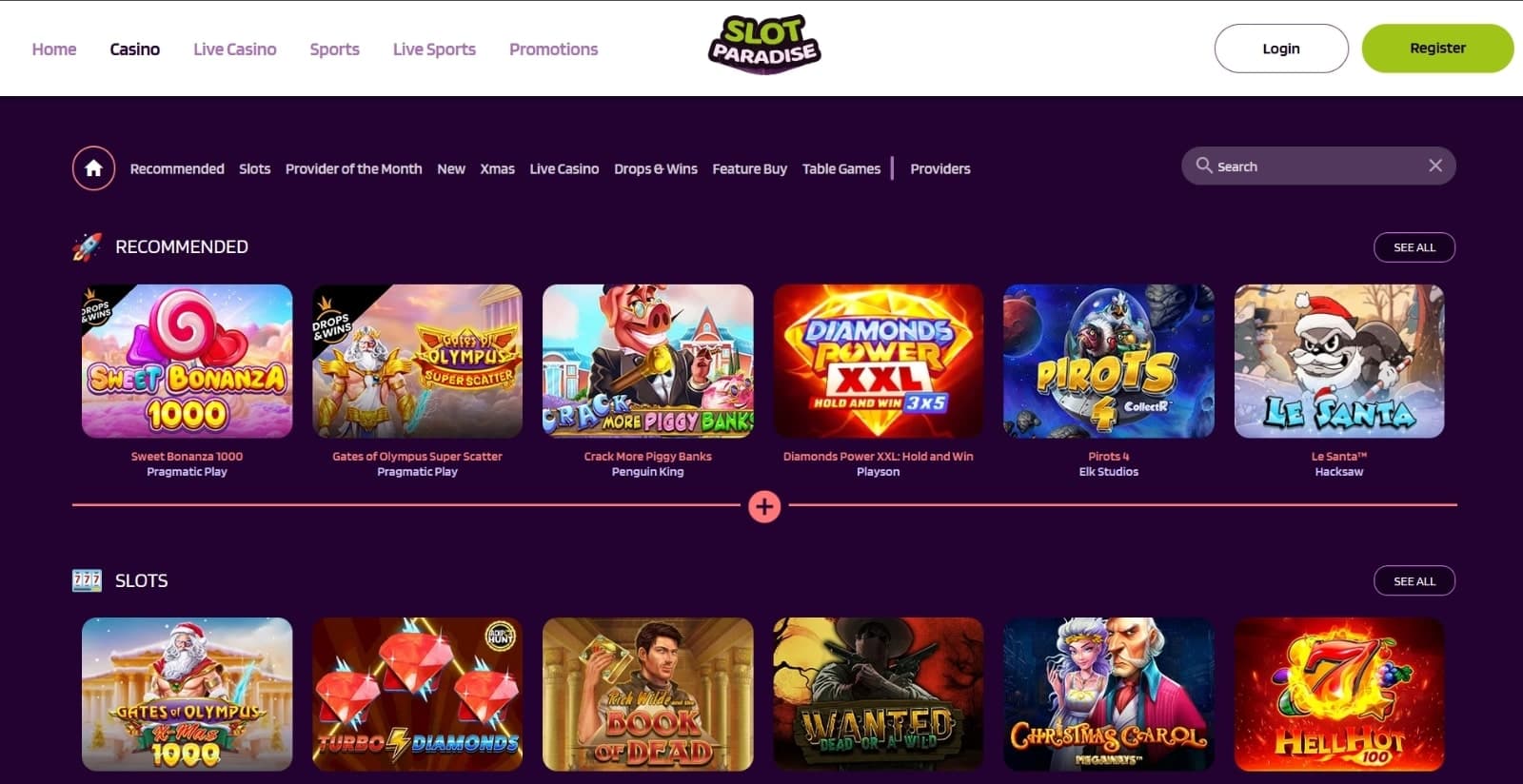 Slotparadise Casino games page featuring the recommended slot such as Sweet Bonanza 1000, Diamond5 Power, and Le Santa under other game categories and search filter