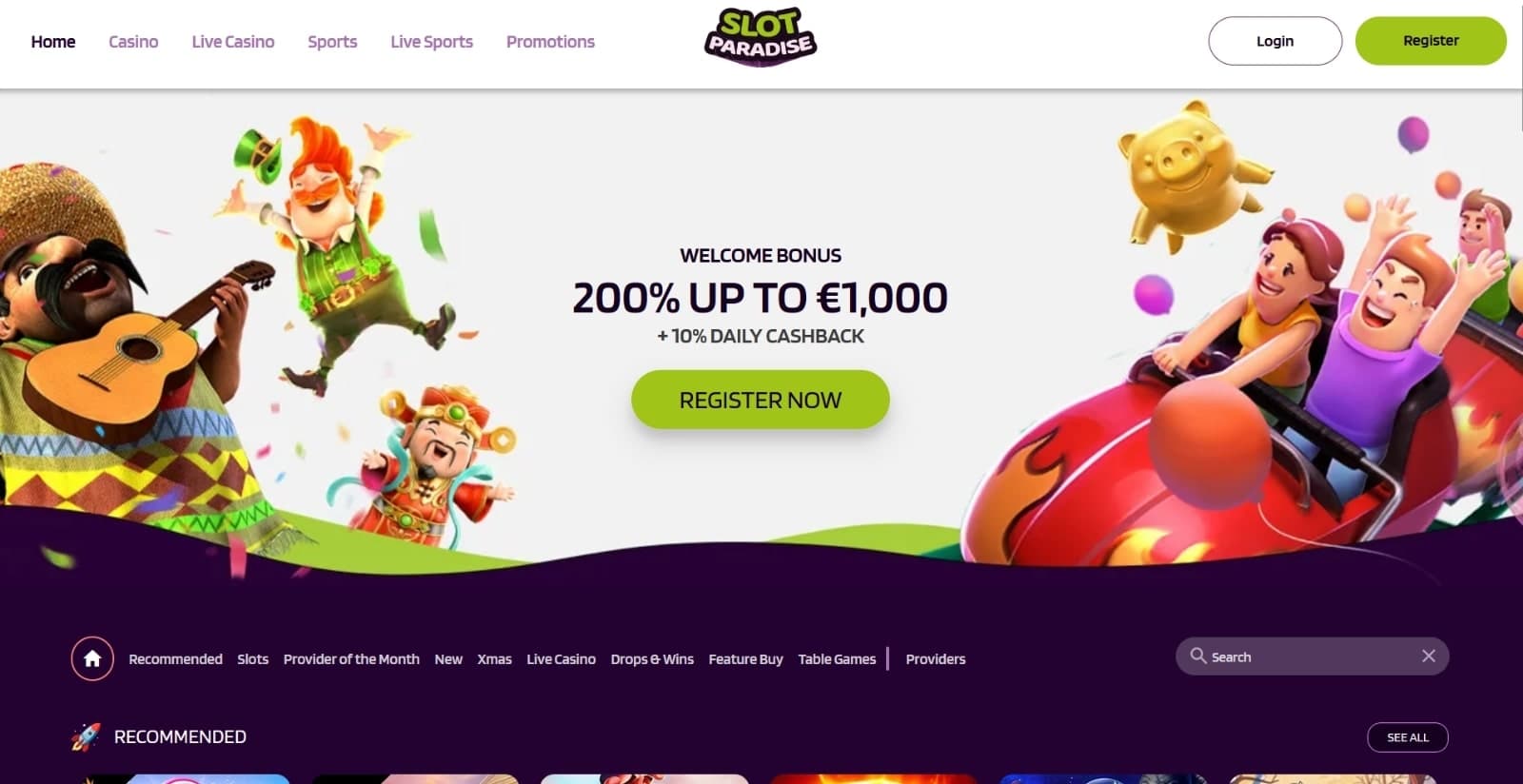 Slotparadise Casino landing page with the welcome bonus 200% up to 1000 euros offer banner showing cartoon characters, top navigation menus and sign up option at the casino